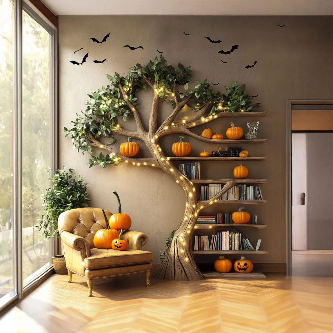 Halloween Tree Bookshelf Tree Shaped Wood Bookcase Unique Furniture For Spooky Home Decor