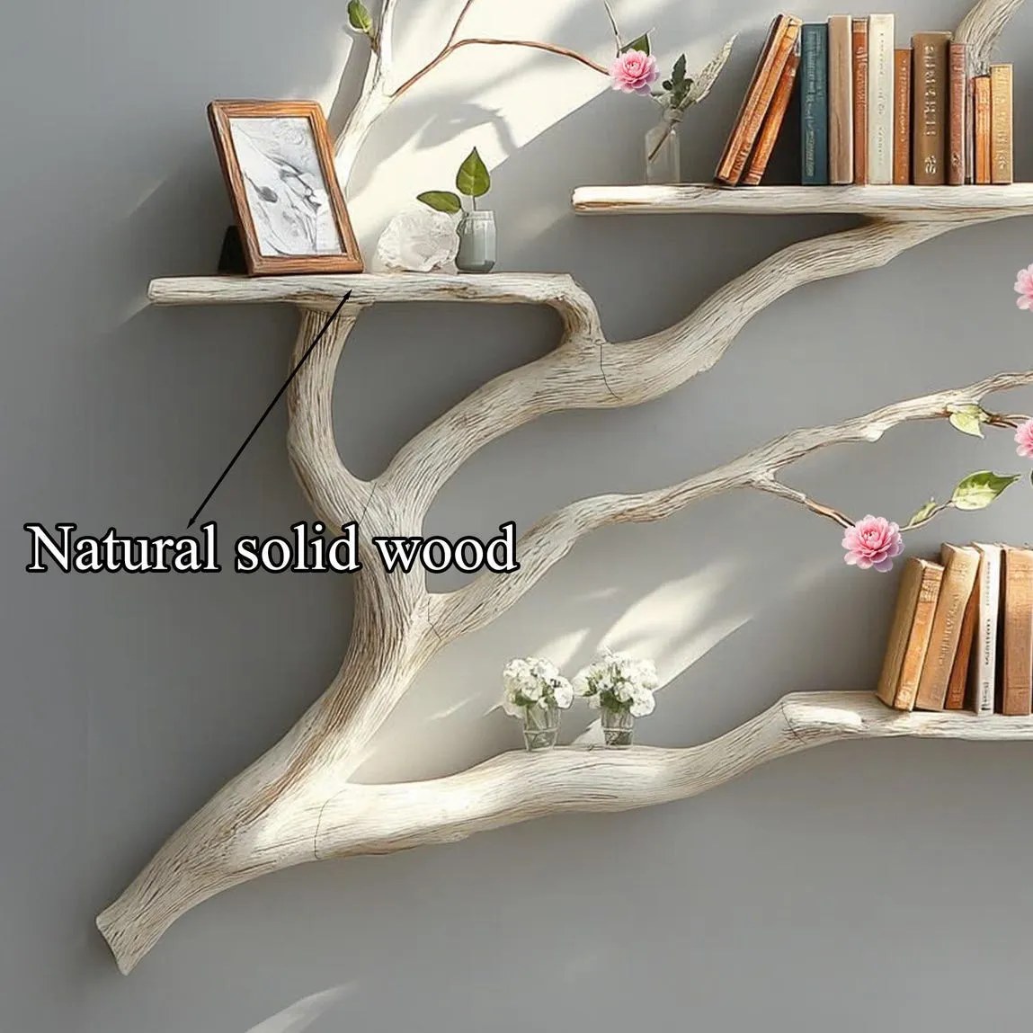 Custom solid driftwood branch tree bookshelf decor living room handmade floating wood shelf book rack wall live edge shelf valentine gift - Image 6