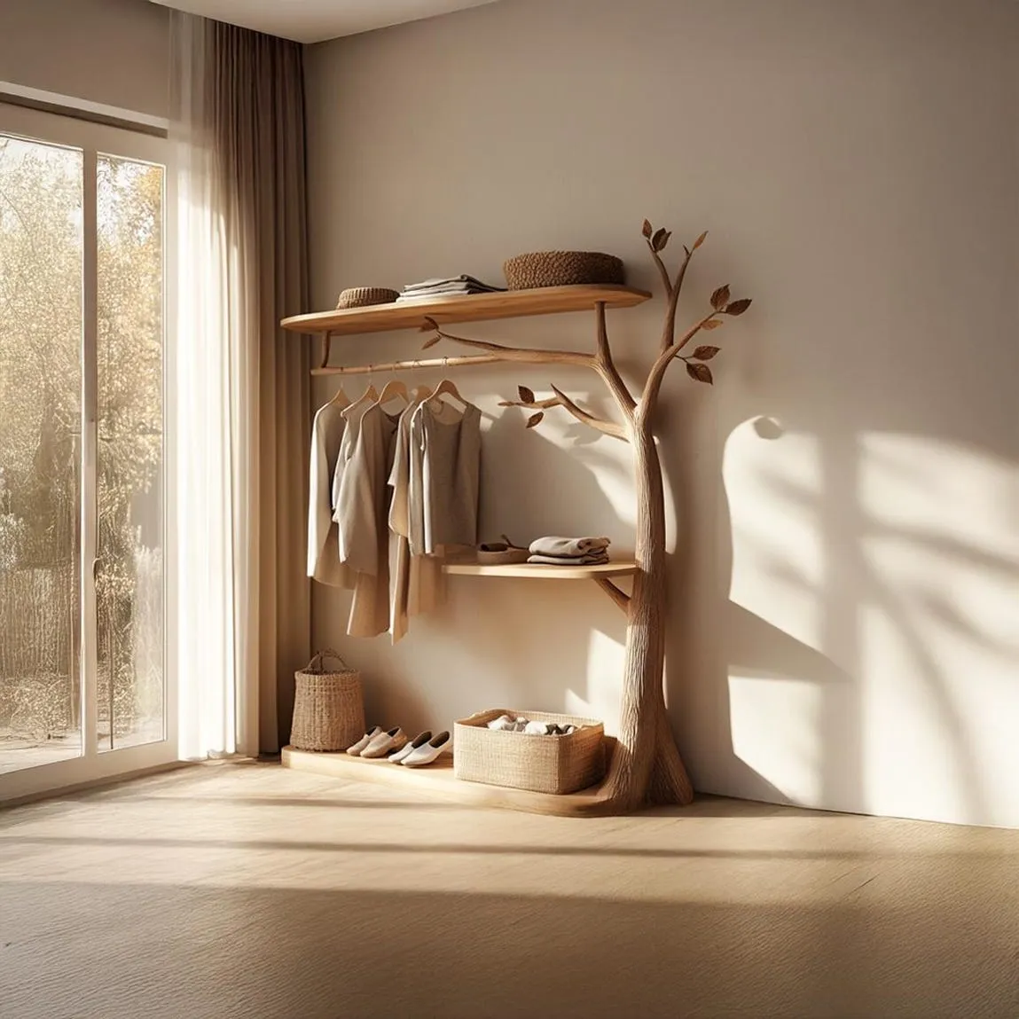 Rustic Tree Shaped Wooden Wardrobe, Handmade Clothes Rack with Storage Shelves, Tree Wardrobe Organizer, Handmade Coat Hanger Shelf