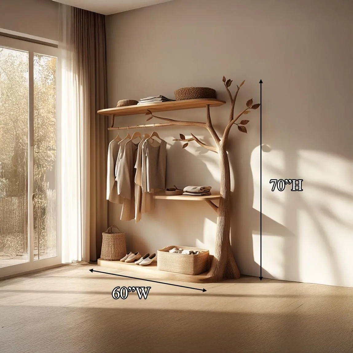 Rustic Tree Shaped Wooden Wardrobe, Handmade Clothes Rack with Storage Shelves, Tree Wardrobe Organizer, Handmade Coat Hanger Shelf - Image 3