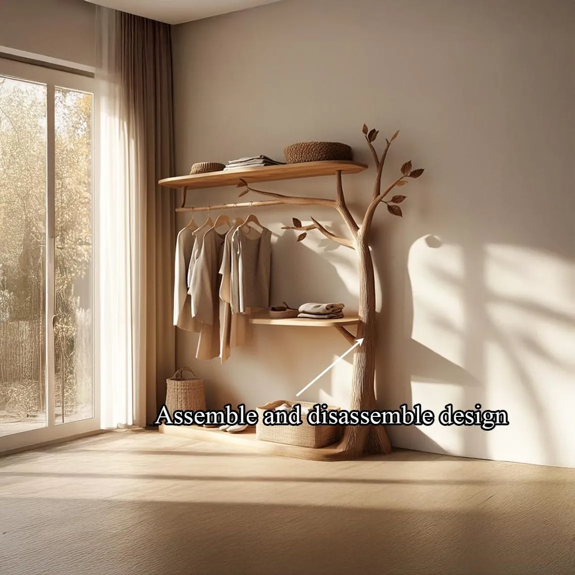 Rustic Tree Shaped Wooden Wardrobe, Handmade Clothes Rack with Storage Shelves, Tree Wardrobe Organizer, Handmade Coat Hanger Shelf - Image 4