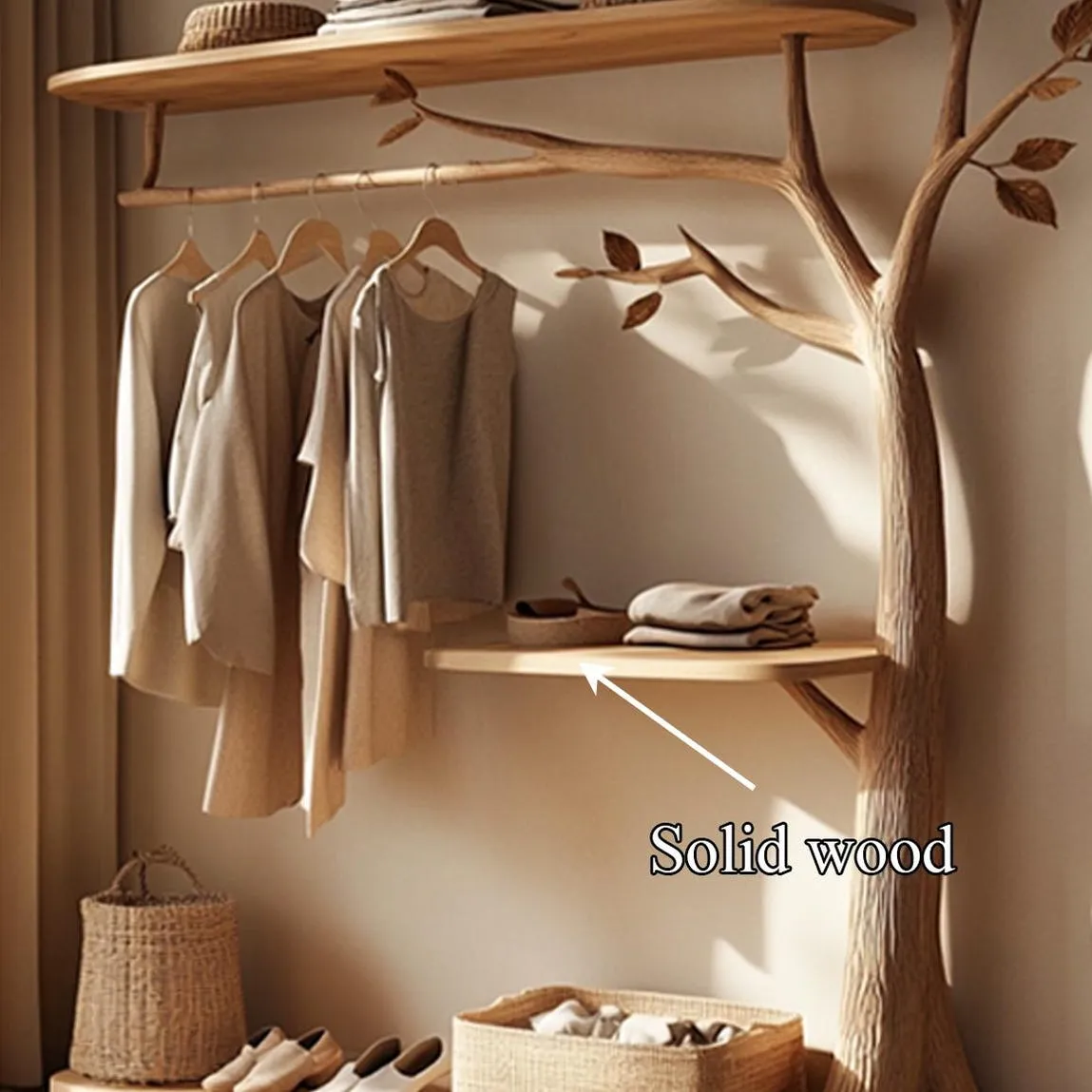 Rustic Tree Shaped Wooden Wardrobe, Handmade Clothes Rack with Storage Shelves, Tree Wardrobe Organizer, Handmade Coat Hanger Shelf - Image 5