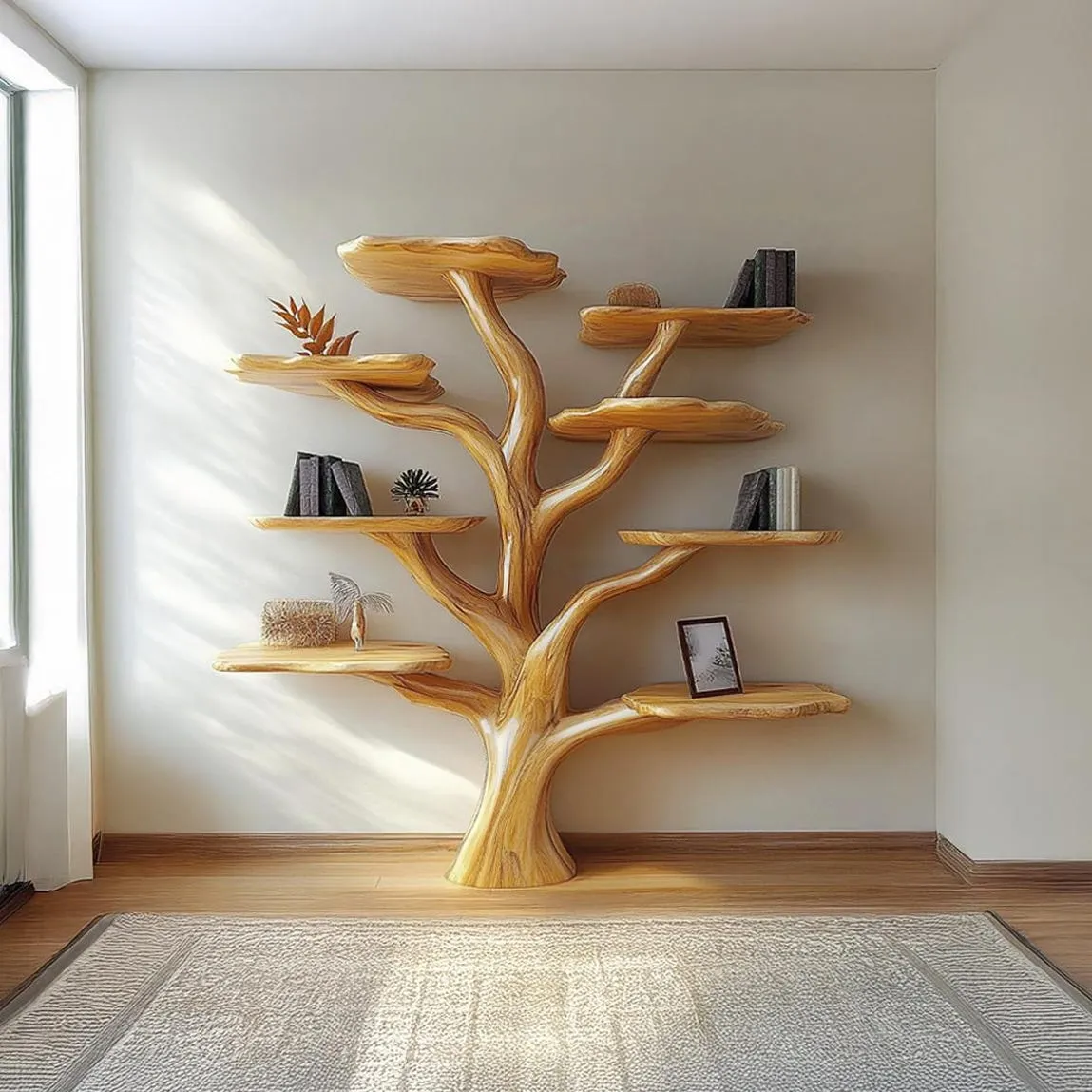 Custom Solid Wood Bookshelf Tree Shaped Bookshelf Book Shelf Art Vintage Wood Furniture Home Decor