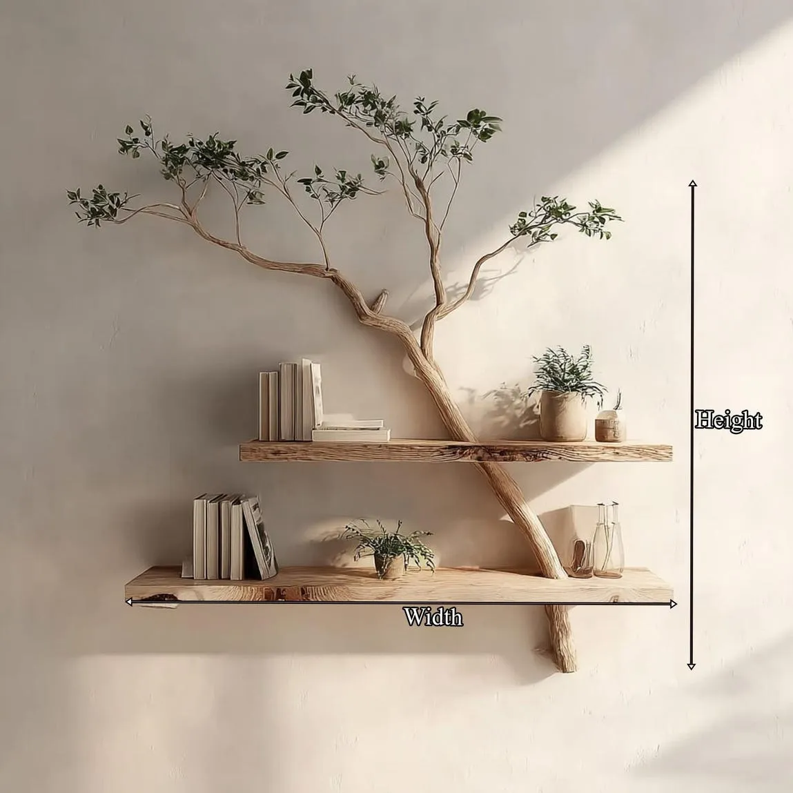 Rustic solid driftwood branch tree bookshelf custom floating wood shelf book rack for wall live edge shelf decor living room gift - Image 3