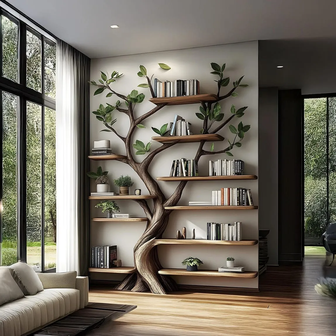 Tree Bookshelf, Rustic Wooden Book Tree Shelf, Unique Wall-Mounted Bookcase, Natural Wood Furniture, Home Office Decor, Custom Shelf Display