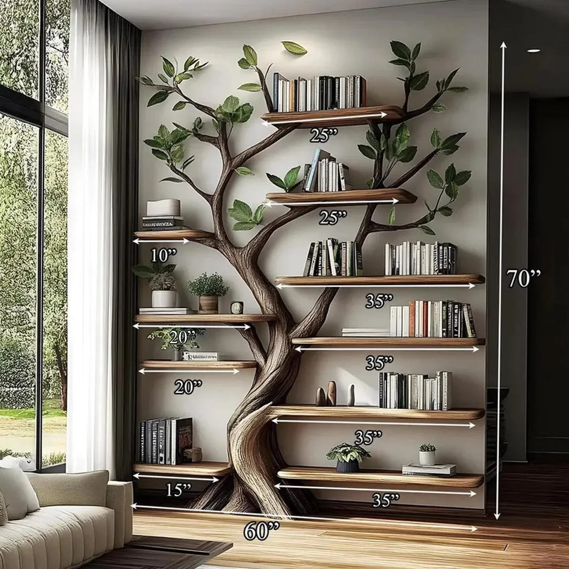 Tree Bookshelf, Rustic Wooden Book Tree Shelf, Unique Wall-Mounted Bookcase, Natural Wood Furniture, Home Office Decor, Custom Shelf Display - Image 3