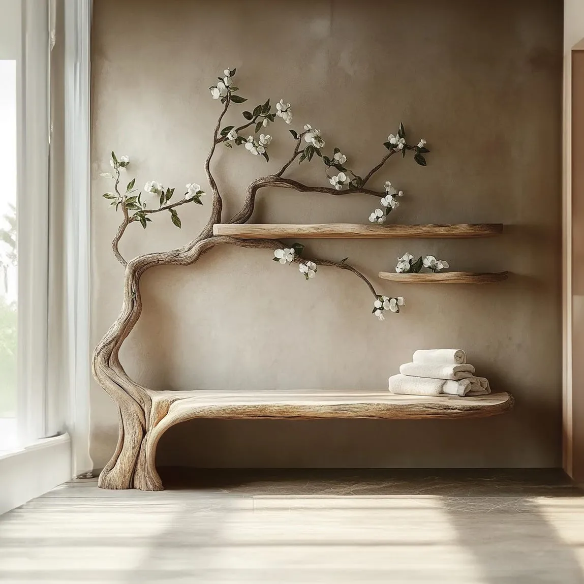 Tree branch solid wood wall shelf bench unique handmade wood bookcase wall tree art decor living room mother gift