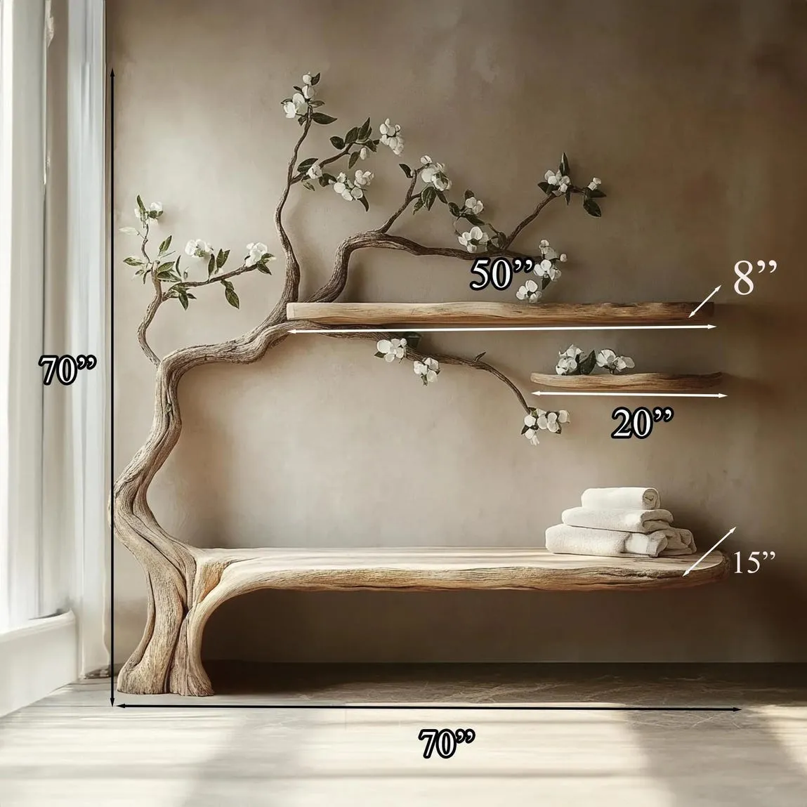 Tree branch solid wood wall shelf bench unique handmade wood bookcase wall tree art decor living room mother gift - Image 3