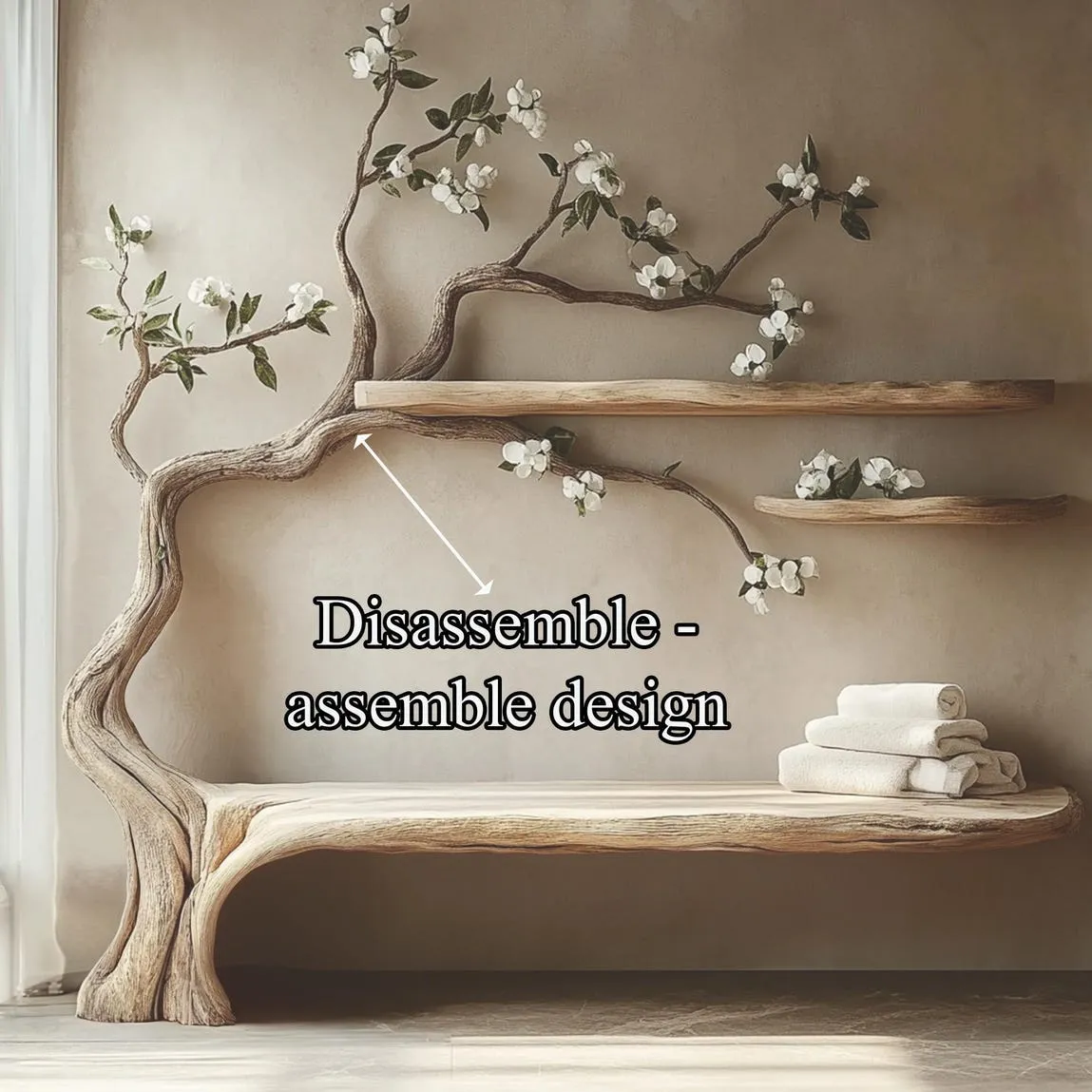 Tree branch solid wood wall shelf bench unique handmade wood bookcase wall tree art decor living room mother gift - Image 4