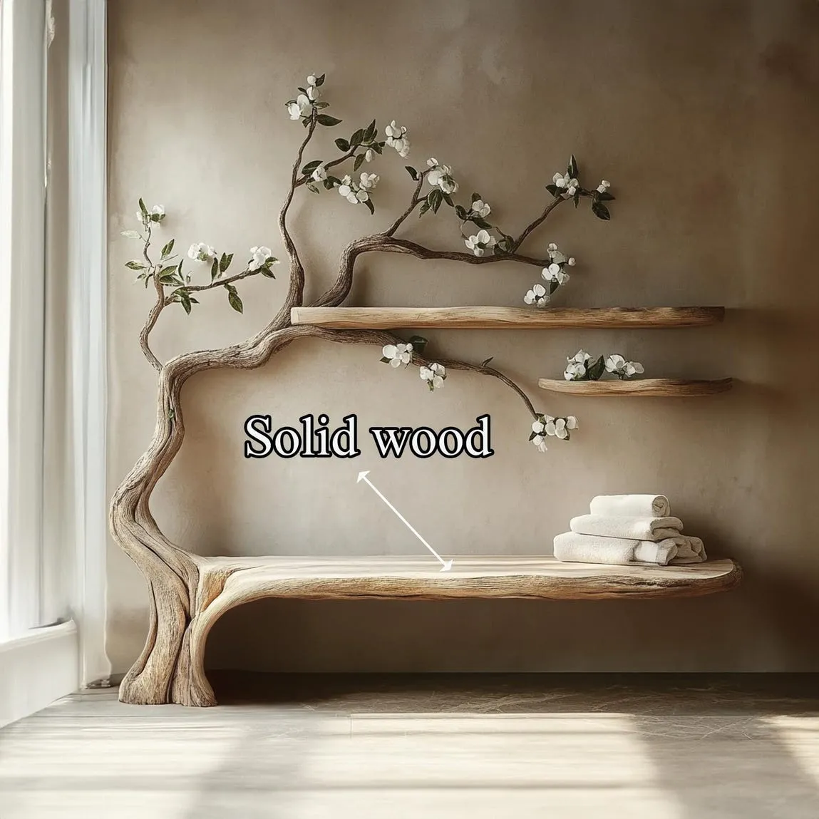 Tree branch solid wood wall shelf bench unique handmade wood bookcase wall tree art decor living room mother gift - Image 5