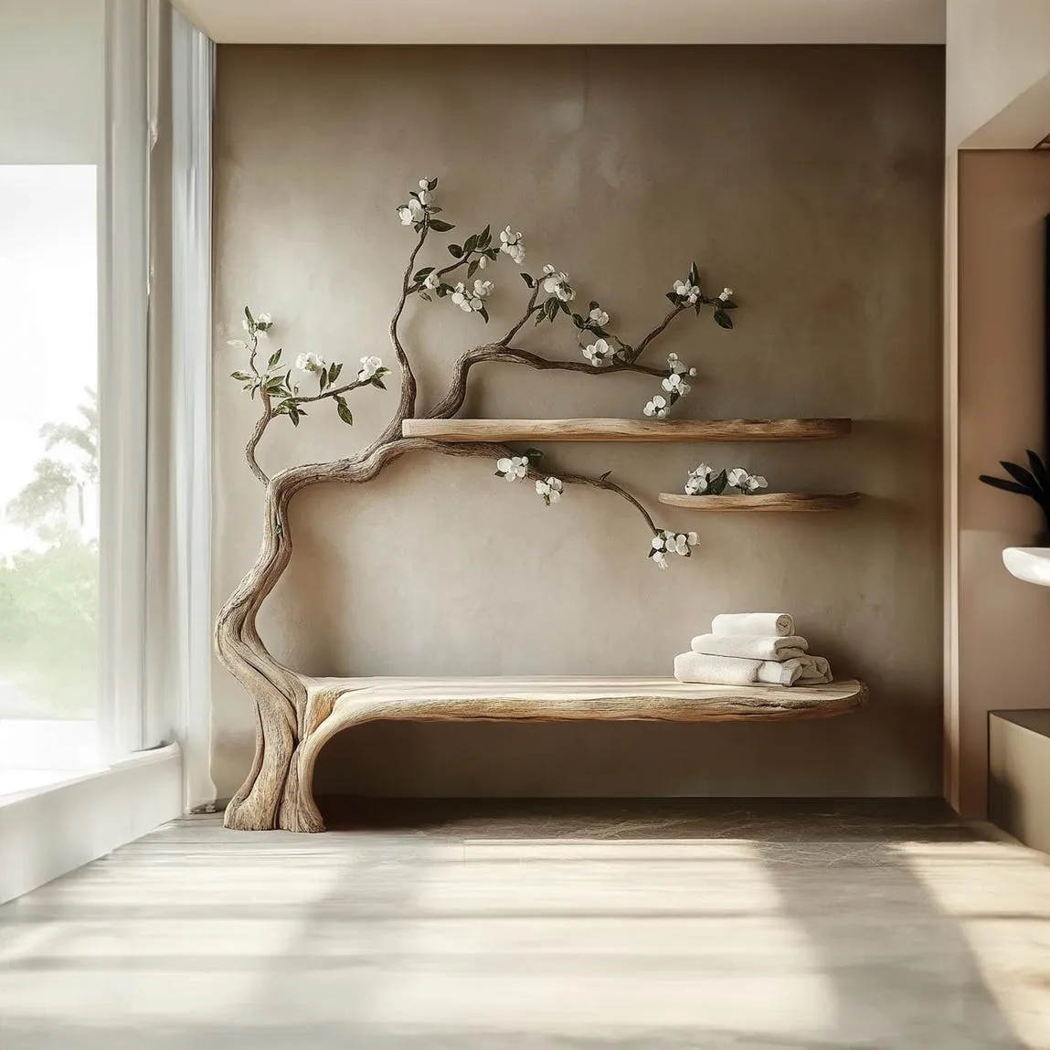 Tree branch solid wood wall shelf bench unique handmade wood bookcase wall tree art decor living room mother gift - Image 6