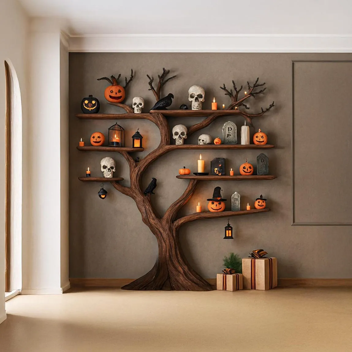 Tree Shaped Bookshelf Solid Wood Custom Bookcase Rustic Handmade Furniture Natural Wood Shelf Display for Halloween Decor