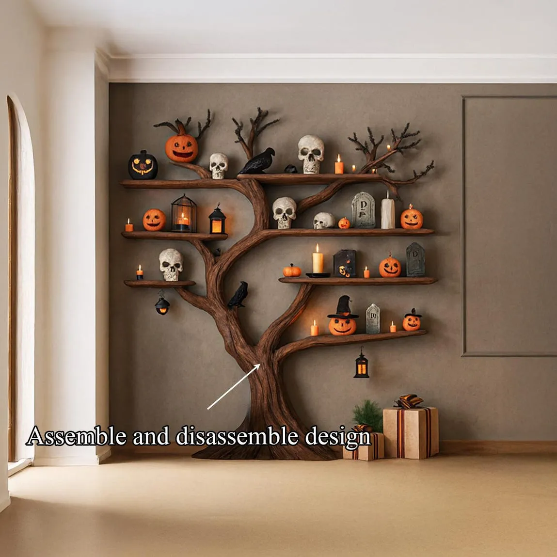 Tree Shaped Bookshelf Solid Wood Custom Bookcase Rustic Handmade Furniture Natural Wood Shelf Display for Halloween Decor - Image 4