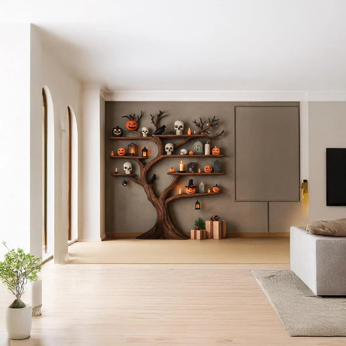 Tree Shaped Bookshelf Solid Wood Custom Bookcase Rustic Handmade Furniture Natural Wood Shelf Display for Halloween Decor - Image 7