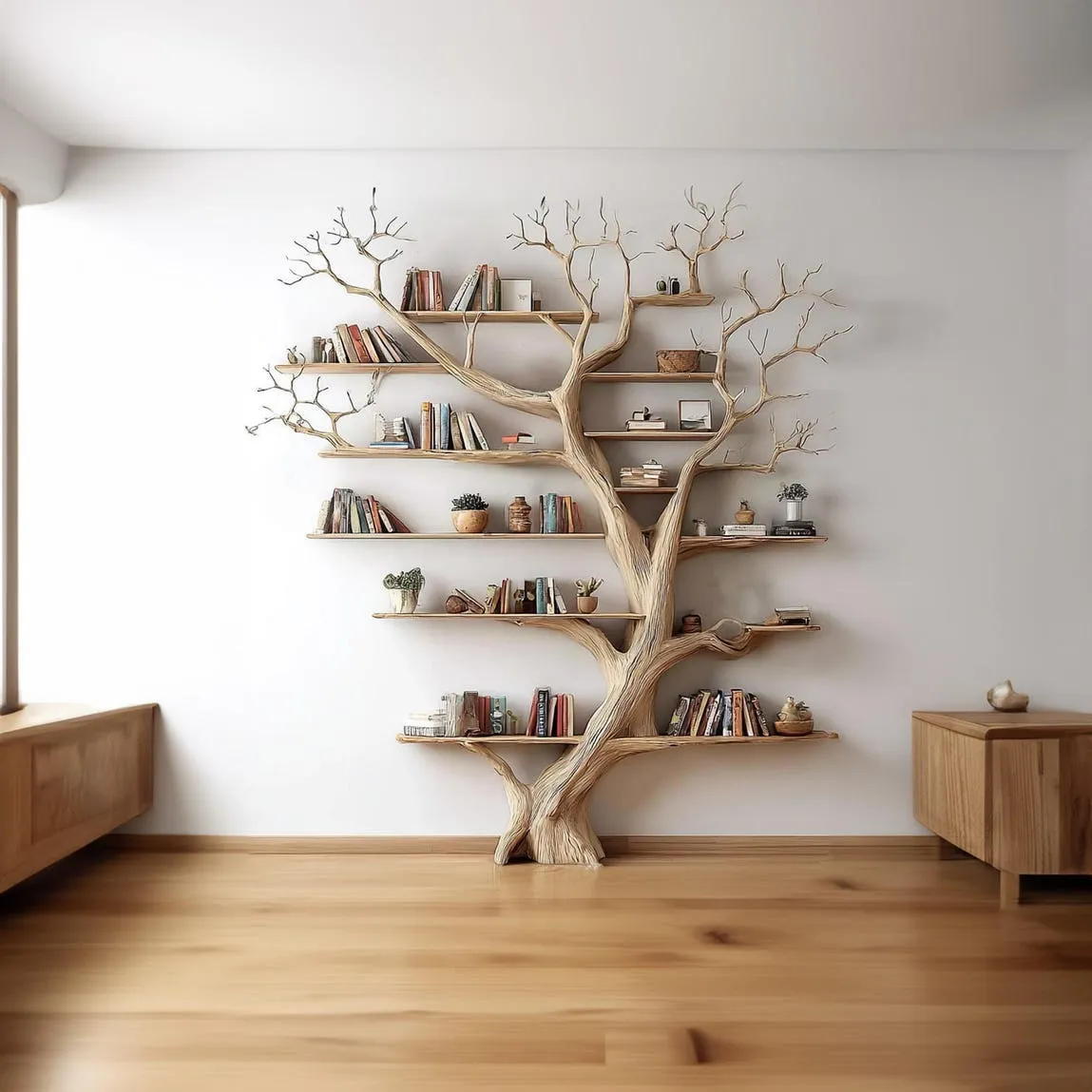 Tree Bookshelf Solid Wood Custom Bookcase Rustic Handmade Furniture Vintage Shelf Display for Office Decor