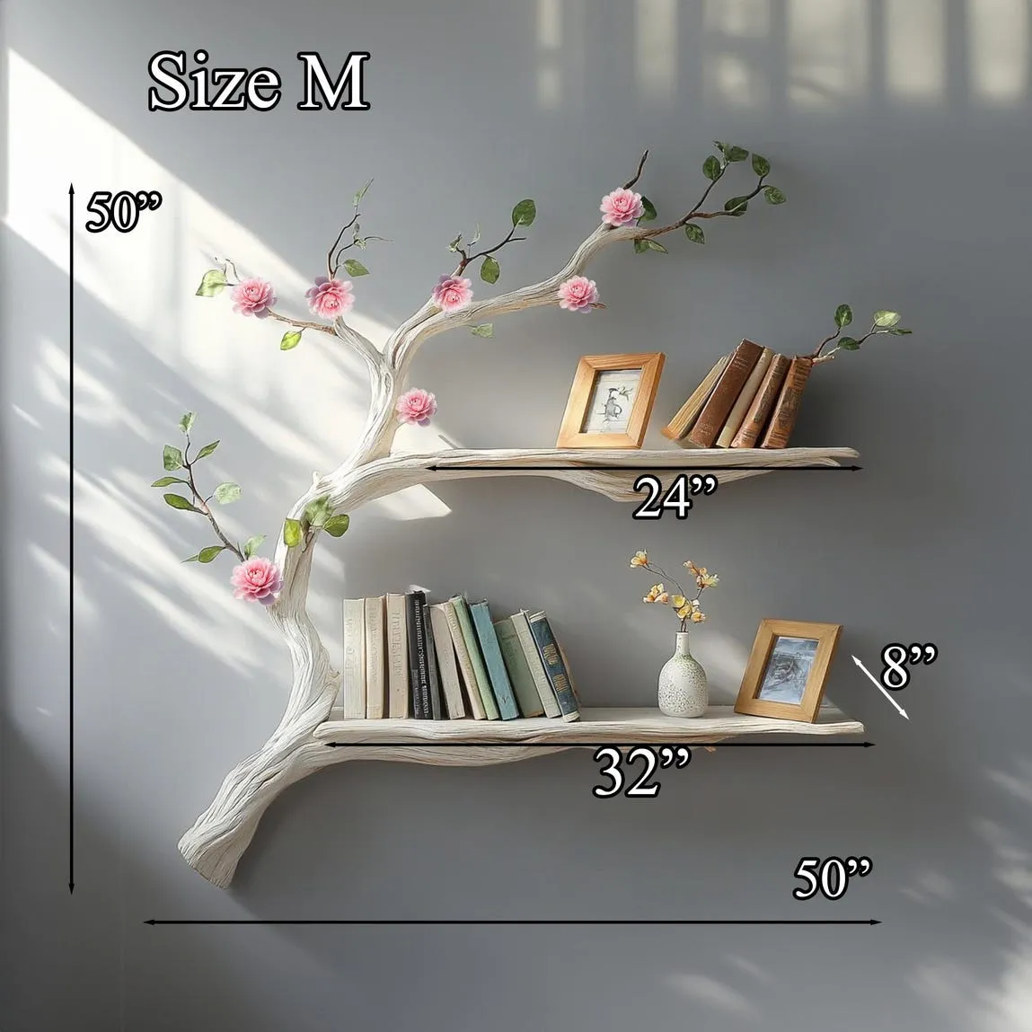 Natural solid driftwood branch tree bookshelf decor handmade custom floating wood shelf book rack for wall live edge shelf gift her - Image 4