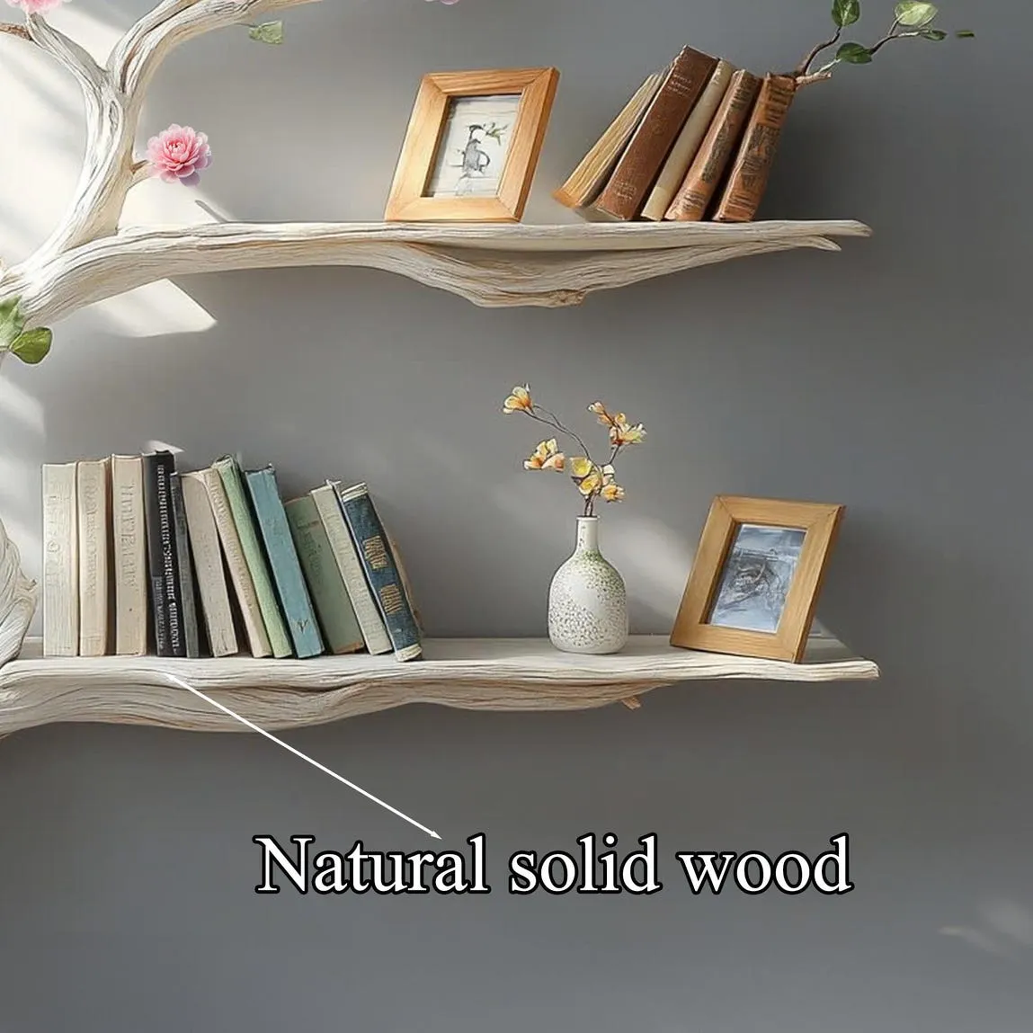 Natural solid driftwood branch tree bookshelf decor handmade custom floating wood shelf book rack for wall live edge shelf gift her - Image 6