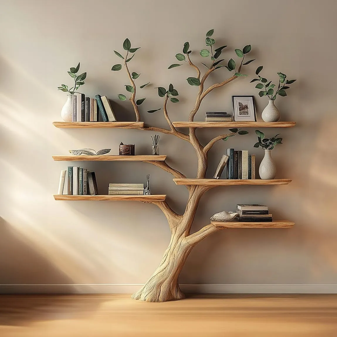 Natural solid wood tree bookshelf floating bookshelf wall mount bookshelf tree corner shelf live edge shelf decor living room gift her