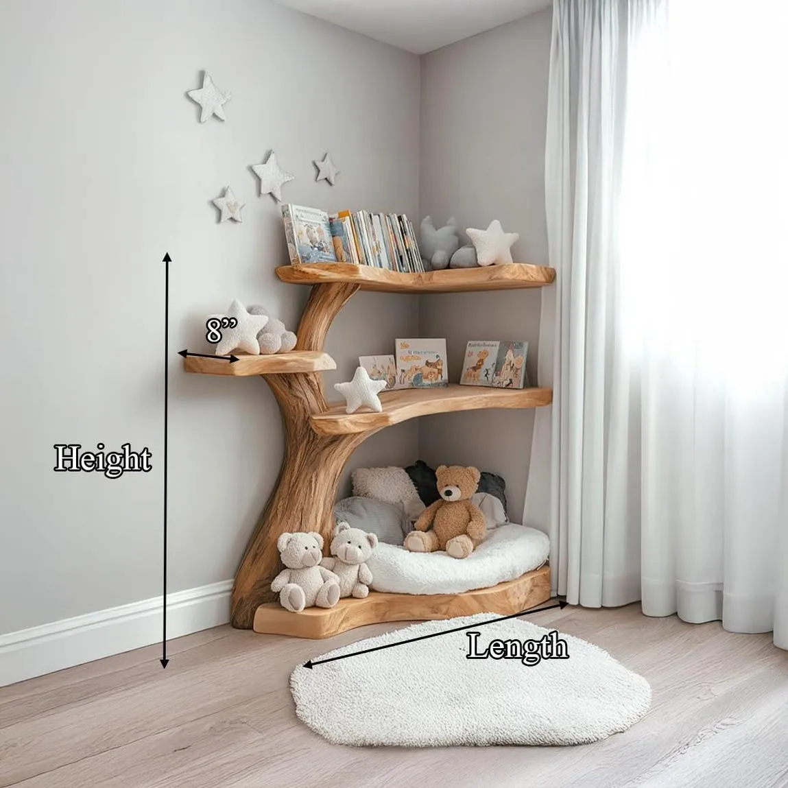 Tree Shaped Bookshelf Natural Wood Custom Wall Book Shelf Handmade Furniture Bed Room and Home Decor - Image 4