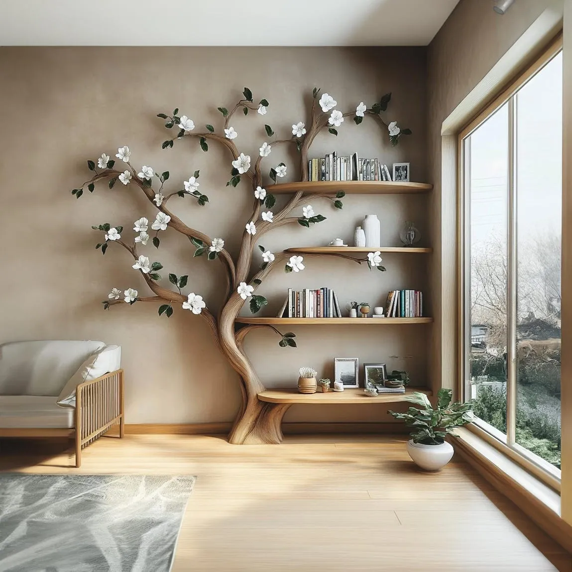 Rustic tree bookshelf wall solid wood handmade floating shelves bookshelf kids bookshelf decor living room gift her