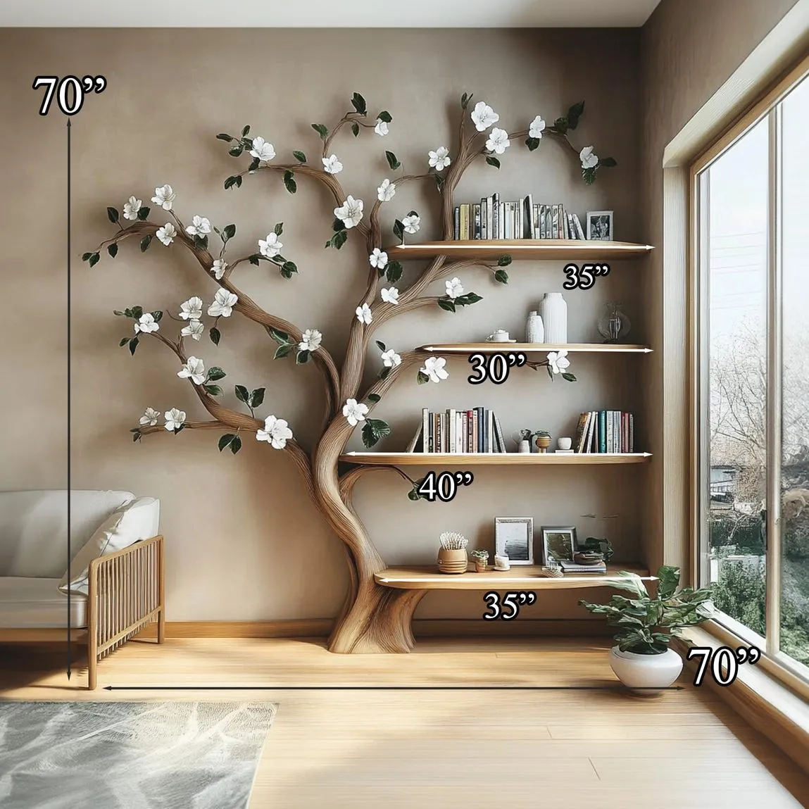 Rustic tree bookshelf wall solid wood handmade floating shelves bookshelf kids bookshelf decor living room gift her - Image 3
