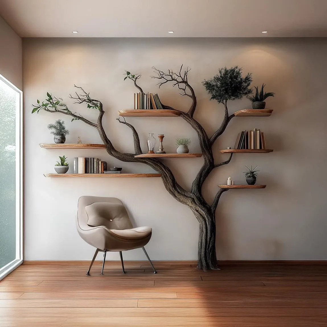 Tree Bookshelf Wooden Book Tree Shelf Unique Wall-Mounted Bookcase Rustic Natural Wood Furniture Home Office Decor Gift Her
