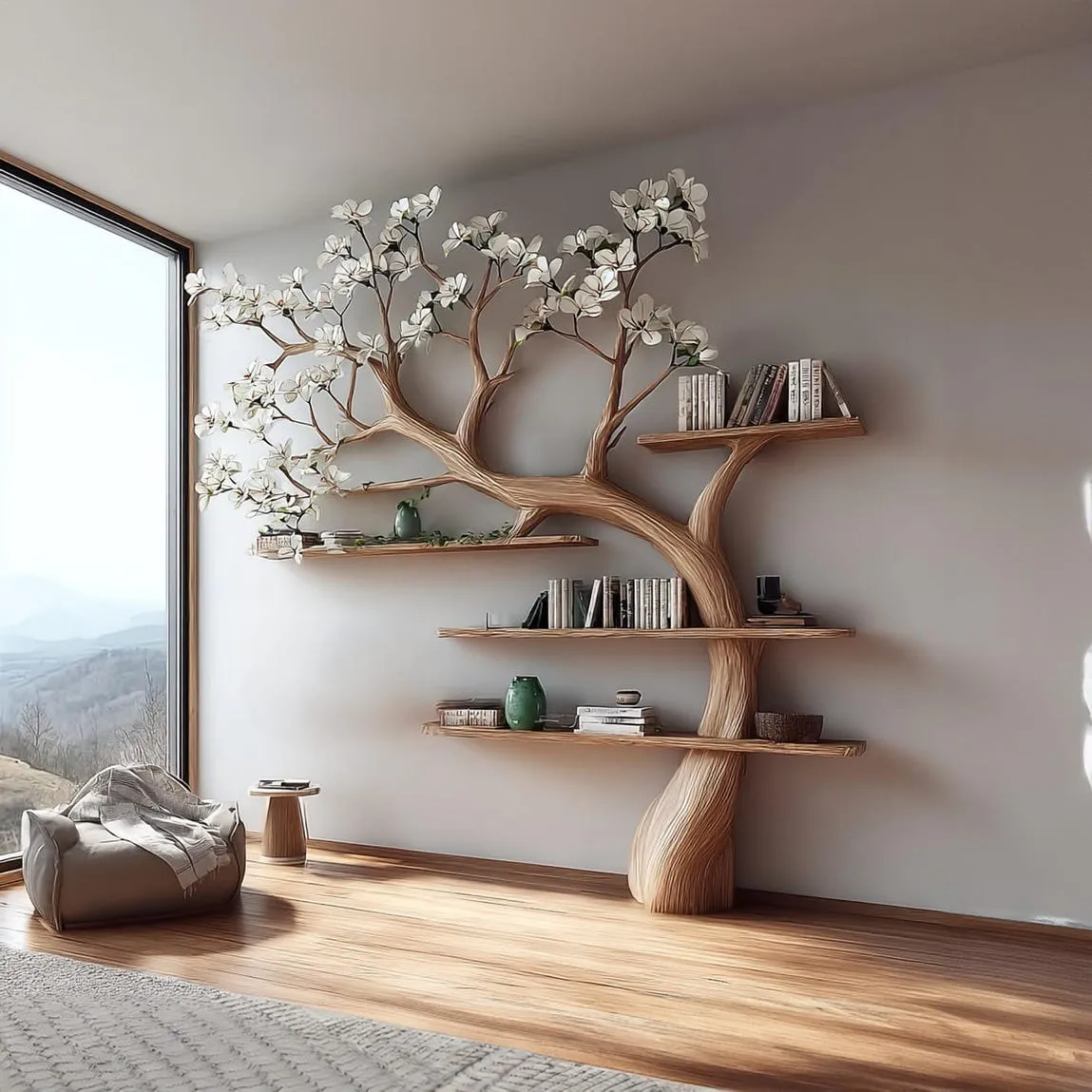 Rustic Tree Bookshelf Wooden Book Tree Shelf Unique Wall-Mounted Bookcase Natural Wood Furniture Home Office Decor Gift Her - Image 2