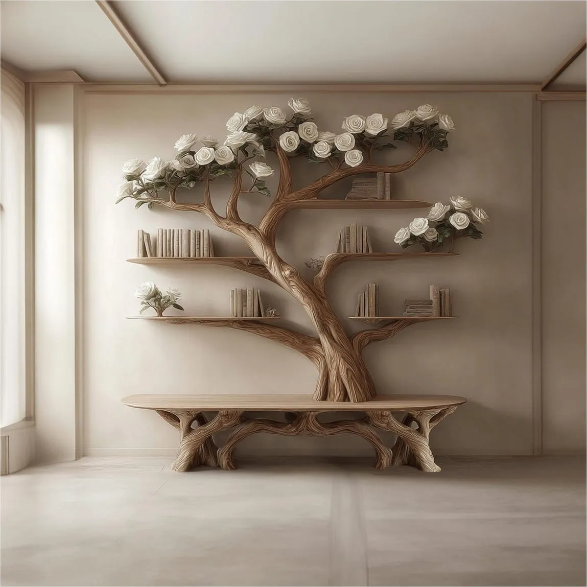 Bench Tree Bookshelf Wooden Book Tree Shelf Unique Wall Mounted Bookcase Natural Wood Furniture  Home Office Decor Custom Shelf Display