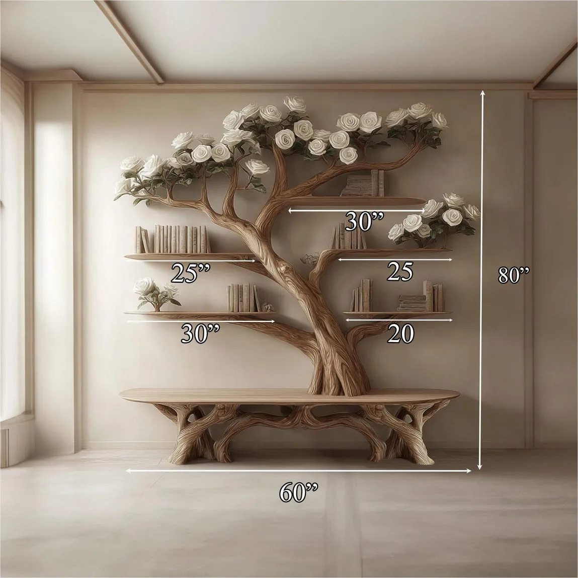 Bench Tree Bookshelf Wooden Book Tree Shelf Unique Wall Mounted Bookcase Natural Wood Furniture  Home Office Decor Custom Shelf Display - Image 4