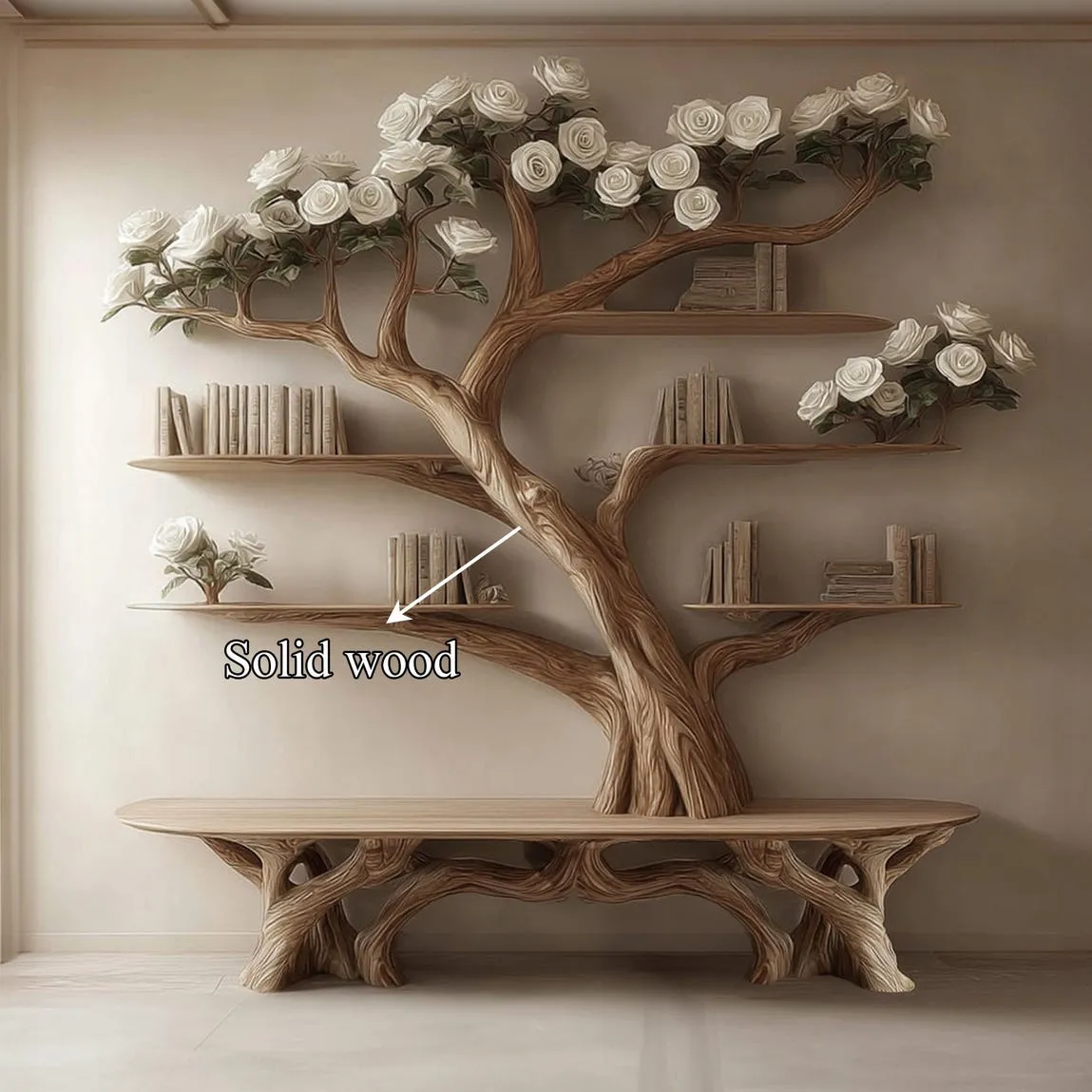 Bench Tree Bookshelf Wooden Book Tree Shelf Unique Wall Mounted Bookcase Natural Wood Furniture  Home Office Decor Custom Shelf Display - Image 5