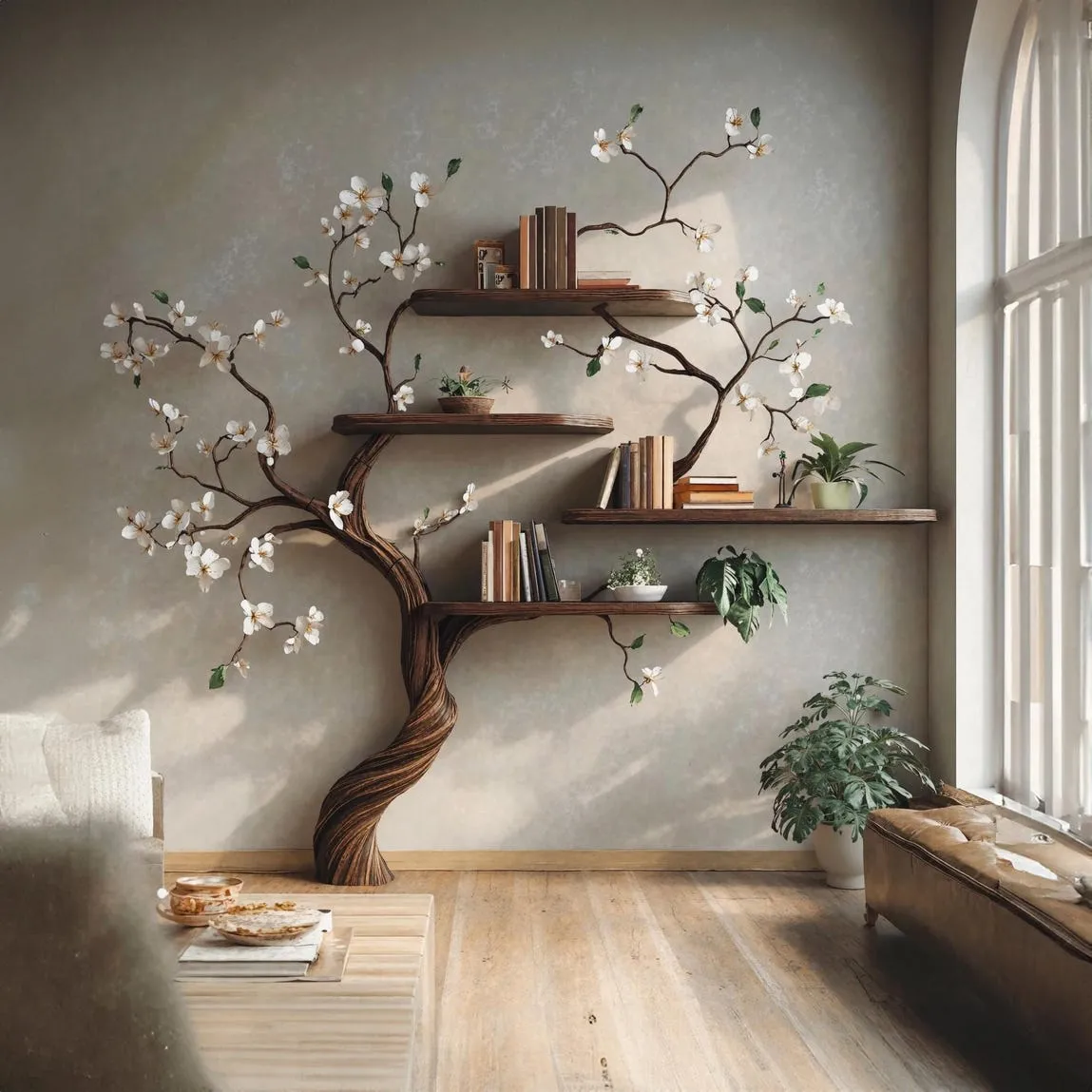 Custom tree branch bookcase wall mount montessori kids bookshelf live edge shelf custom bookcase handmade furniture livingroom decor