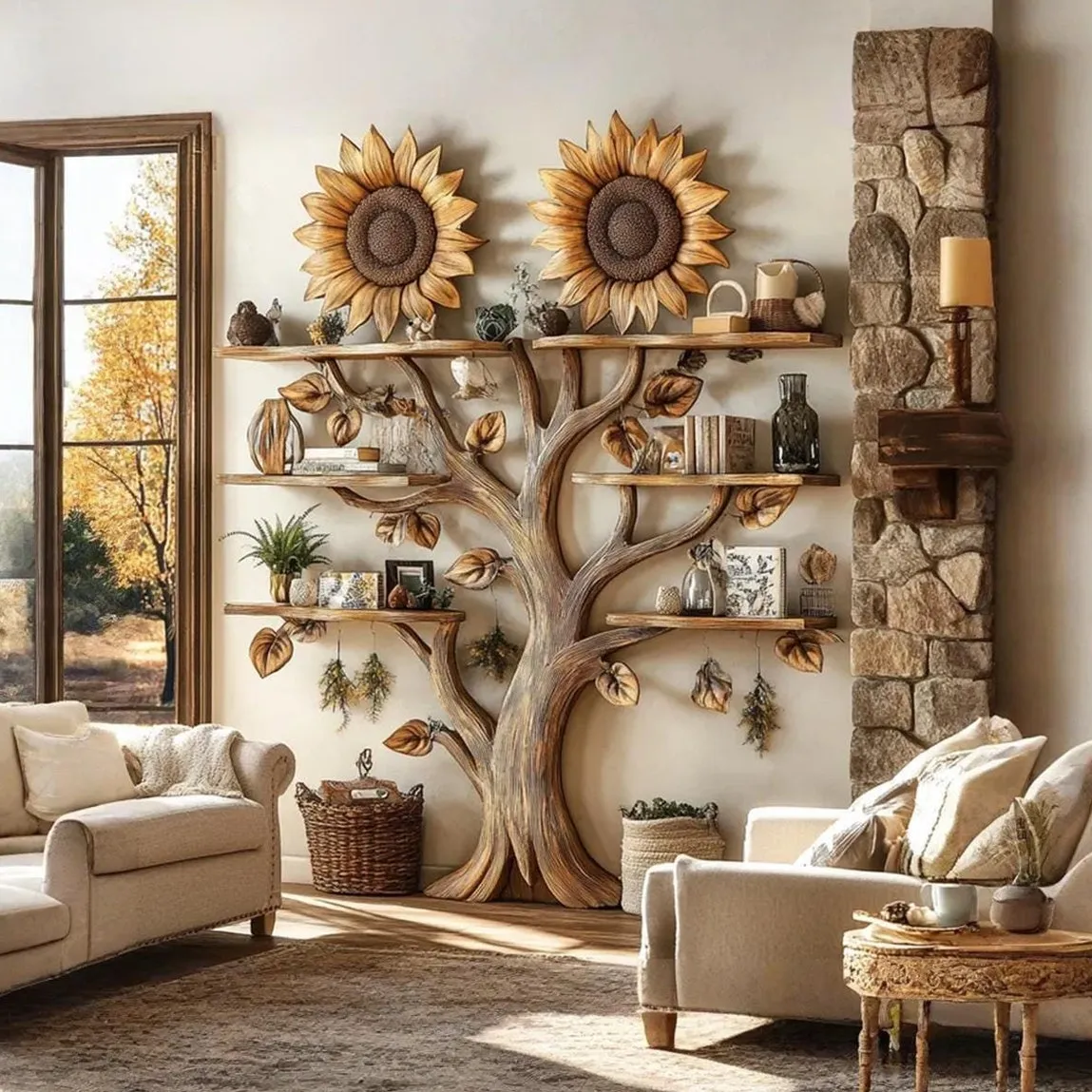 Handmade wooden sunflower bookshelf wall mount xmas floating shelf mid century bookcase montessori handmade furniture house warming gift - Image 3