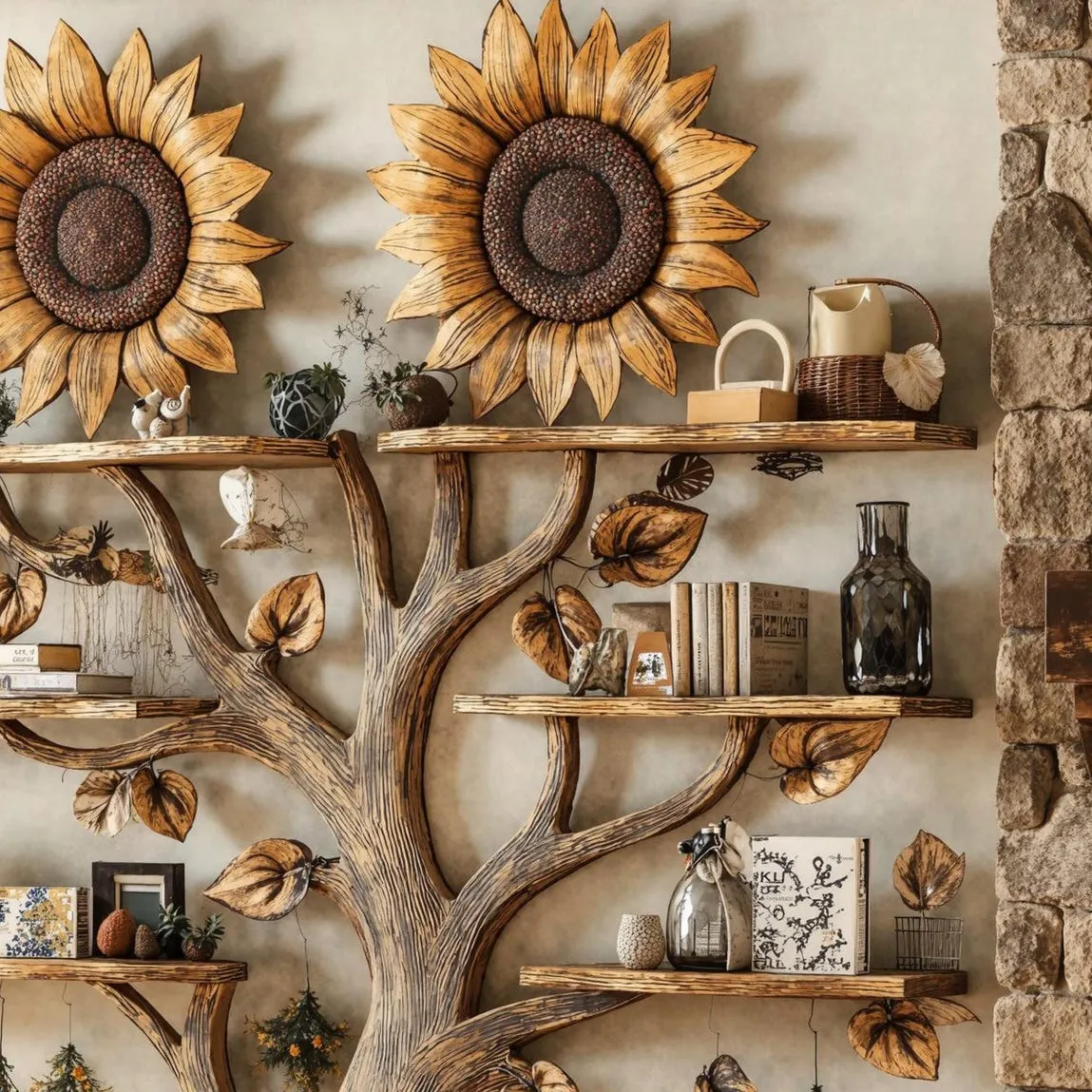Handmade wooden sunflower bookshelf wall mount xmas floating shelf mid century bookcase montessori handmade furniture house warming gift - Image 4