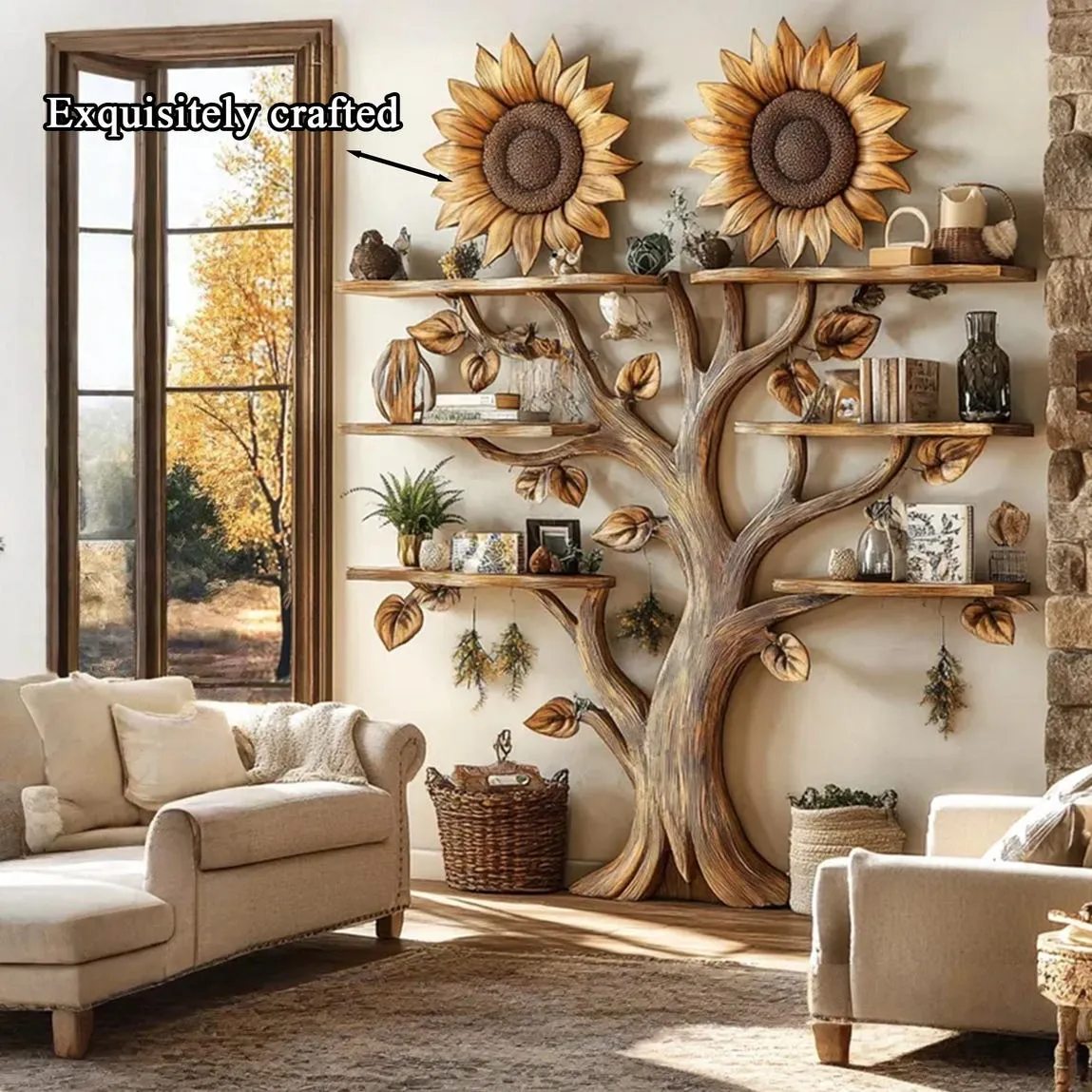 Handmade wooden sunflower bookshelf wall mount xmas floating shelf mid century bookcase montessori handmade furniture house warming gift - Image 6