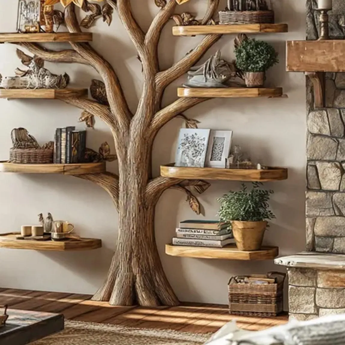Driftwood branch tree bookshelf shaped bench custom corner bench mid century bookcase wall mounted bookshelf home decorations - Image 6