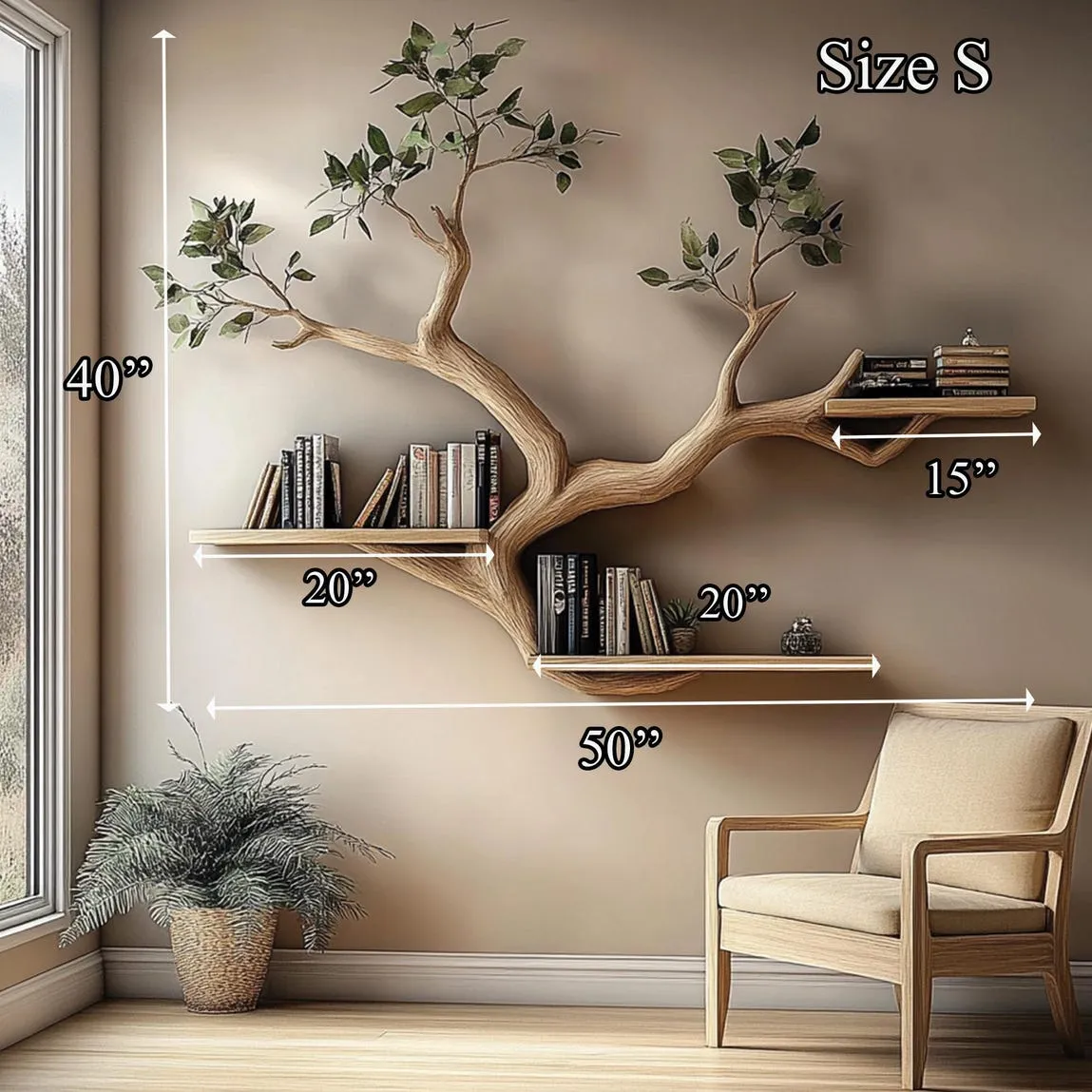 Custom tree bookcase small bookcase tree wall art handmade floating bookshelf solid wood decor livingroom mother gift - Image 3