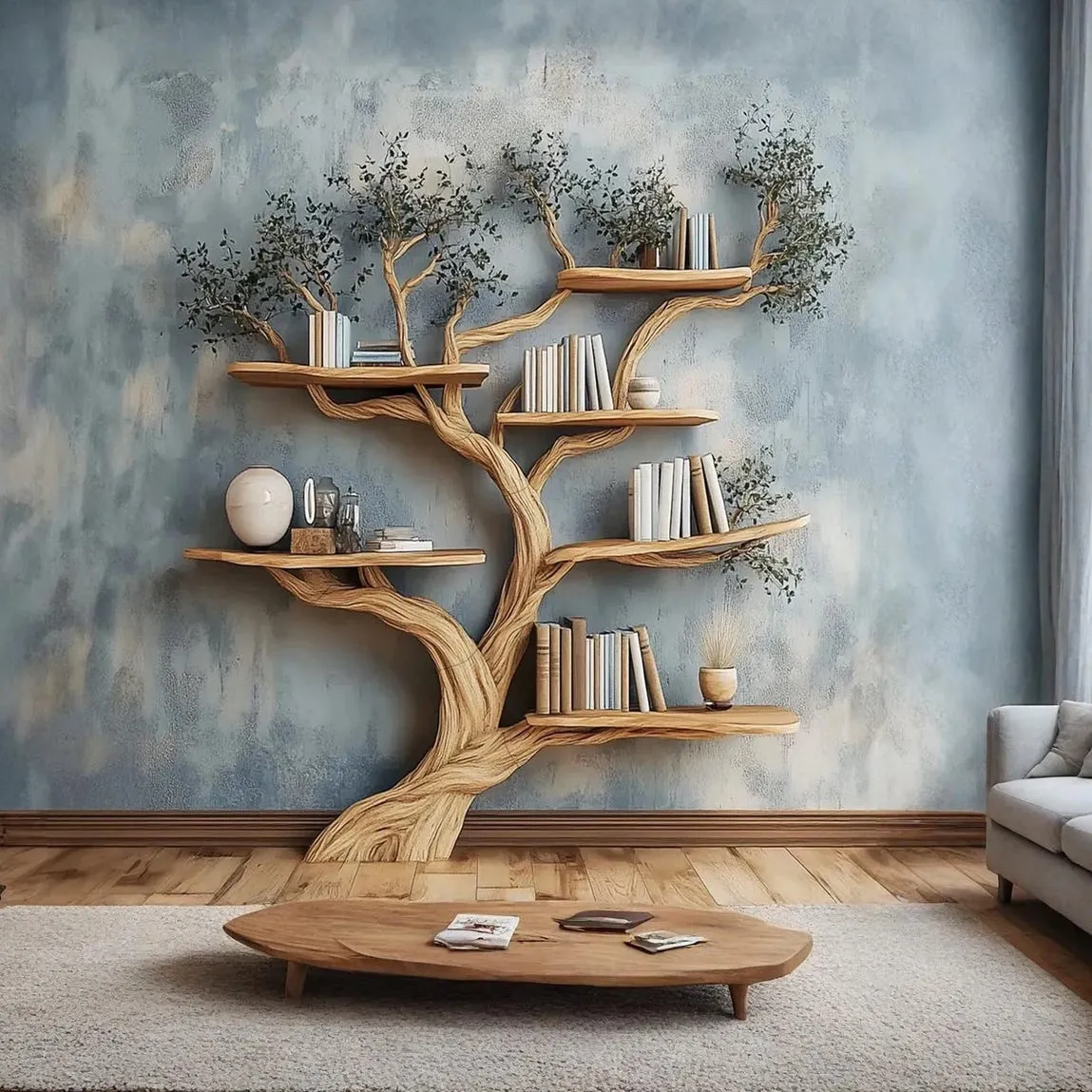 Rustic tree branch shelf fake leave Solid wood bookcase wall bookshelf decor nursery bookshelf decor living room personalized gift