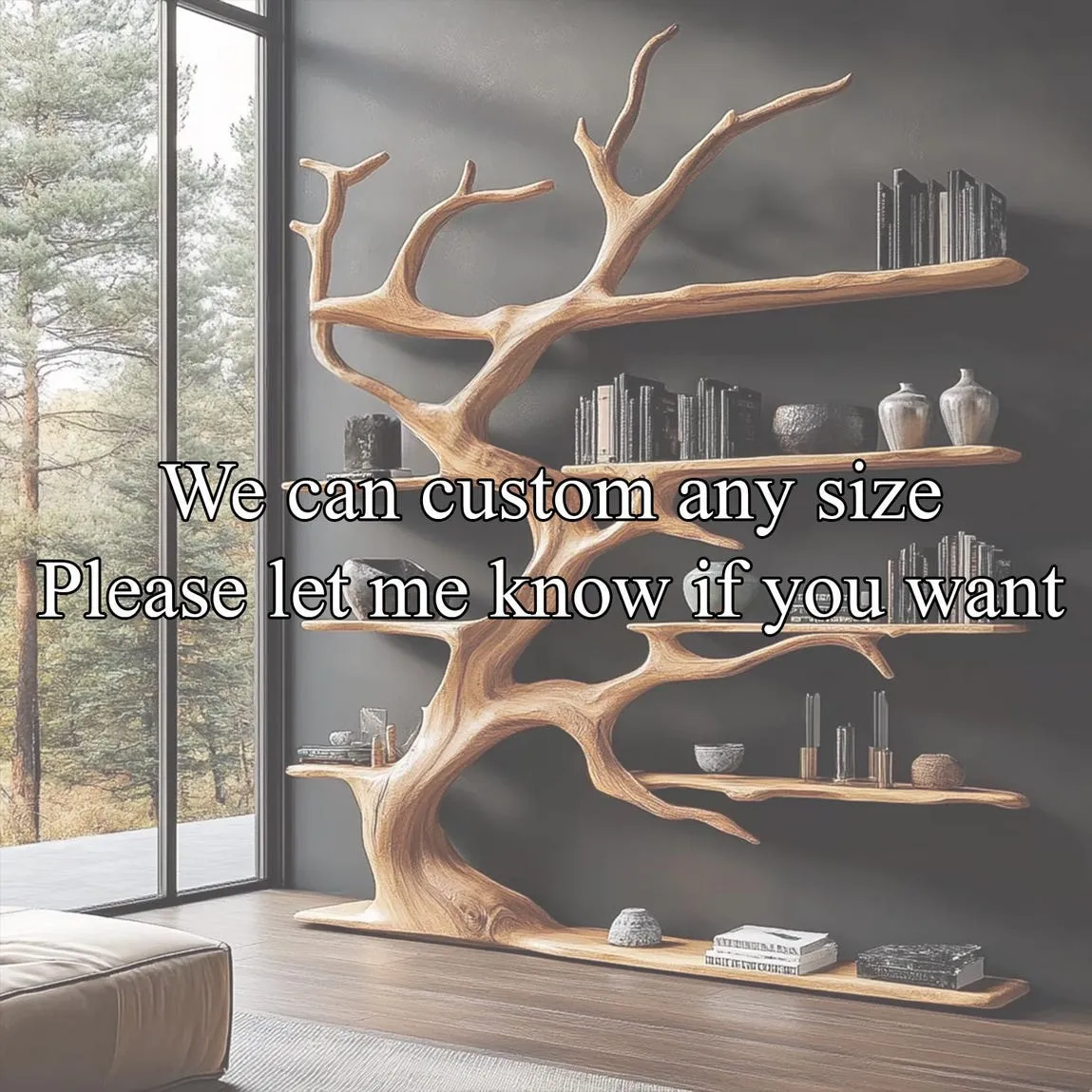 Rustics tree branch bookshelf tree bookcase solid wood bookshelf tree wall art handmade furniture decor home personalized gift - Image 2