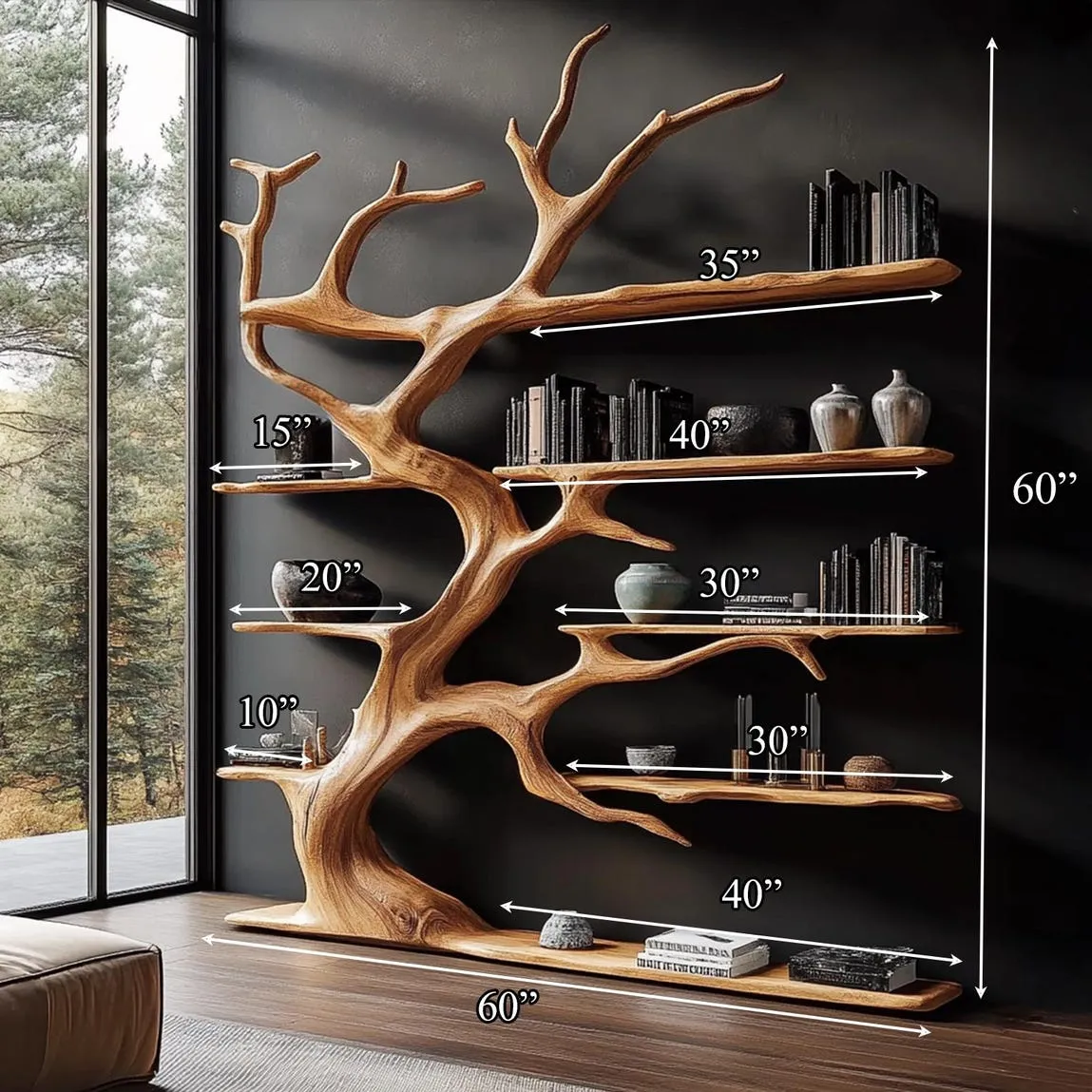 Rustics tree branch bookshelf tree bookcase solid wood bookshelf tree wall art handmade furniture decor home personalized gift - Image 3