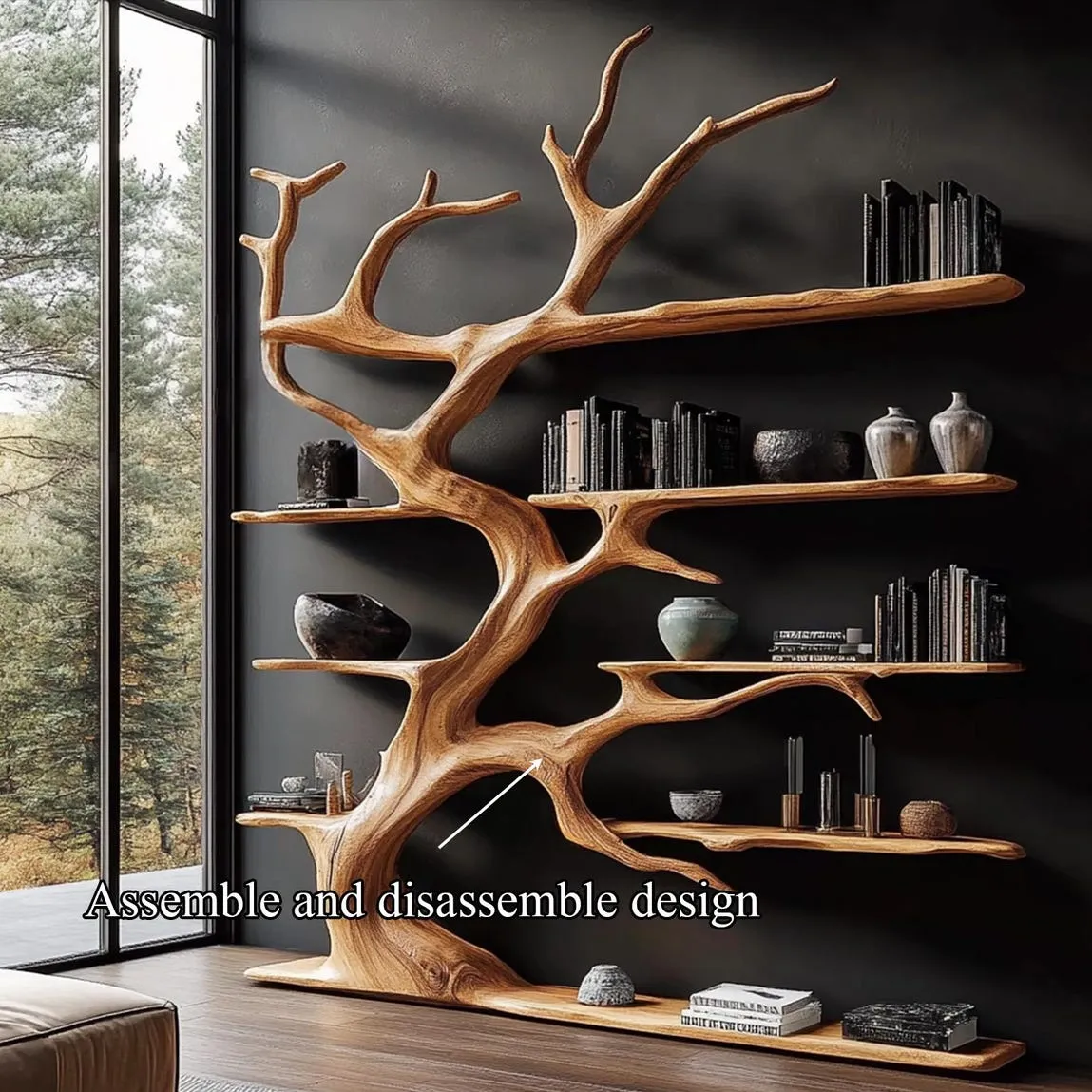 Rustics tree branch bookshelf tree bookcase solid wood bookshelf tree wall art handmade furniture decor home personalized gift - Image 5