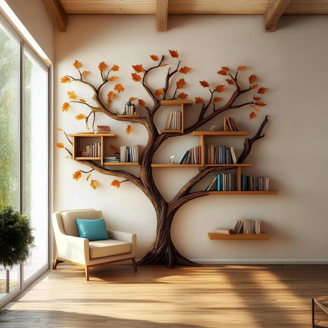 Rustic tree bookcase handcrafted tree branch bookshelf unique home decor wall mouted floating shelf wood treeshelf living room gift her