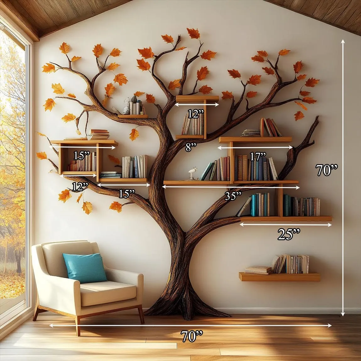 Rustic tree bookcase handcrafted tree branch bookshelf unique home decor wall mouted floating shelf wood treeshelf living room gift her - Image 3