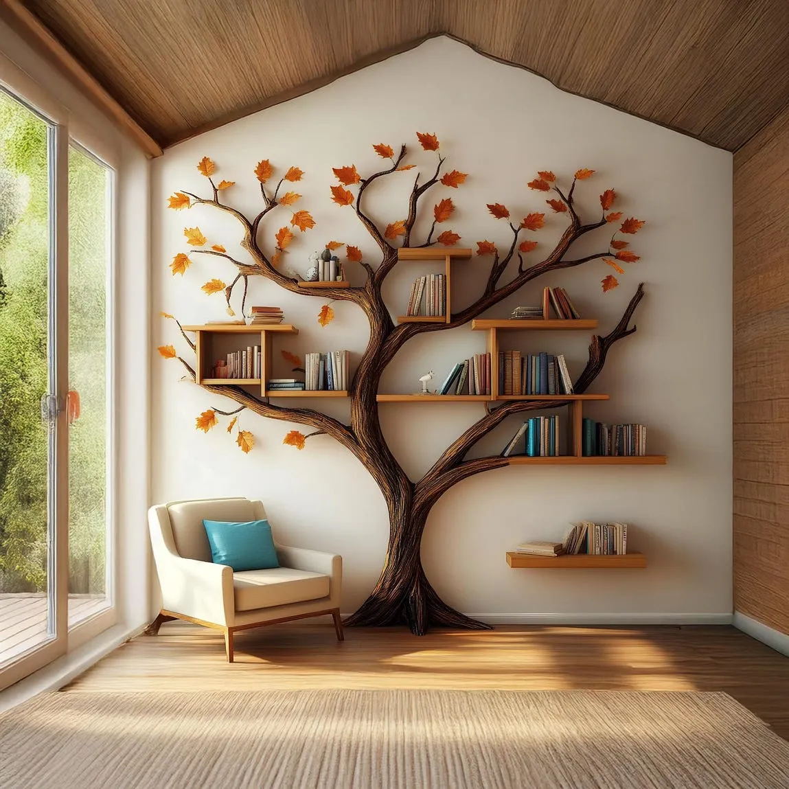 Rustic tree bookcase handcrafted tree branch bookshelf unique home decor wall mouted floating shelf wood treeshelf living room gift her - Image 4