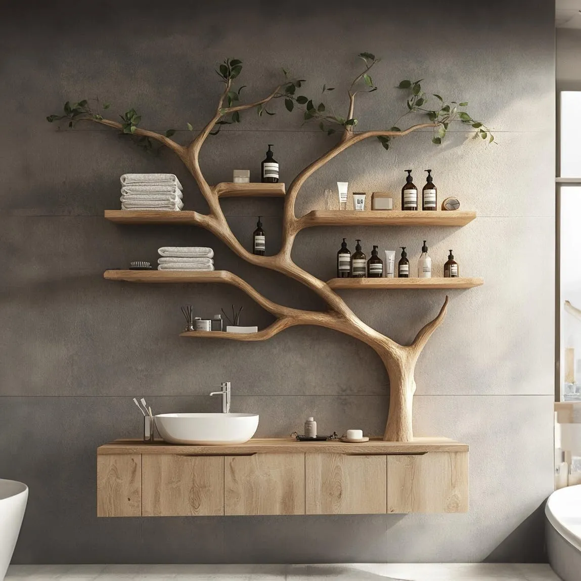 Tree branches rustic bathroom vanity with sink floating shelves solid wood cabinet art home decor