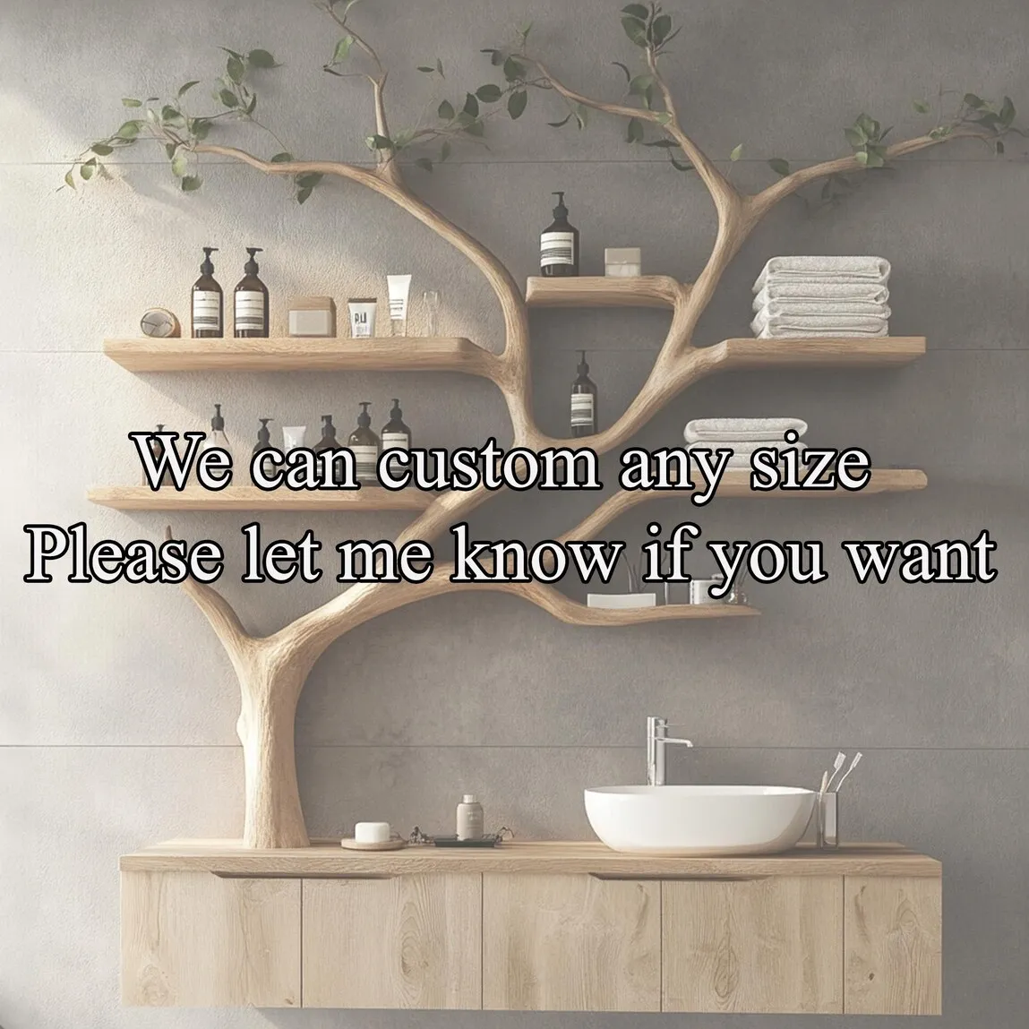 Tree branches rustic bathroom vanity with sink floating shelves solid wood cabinet art home decor - Image 4