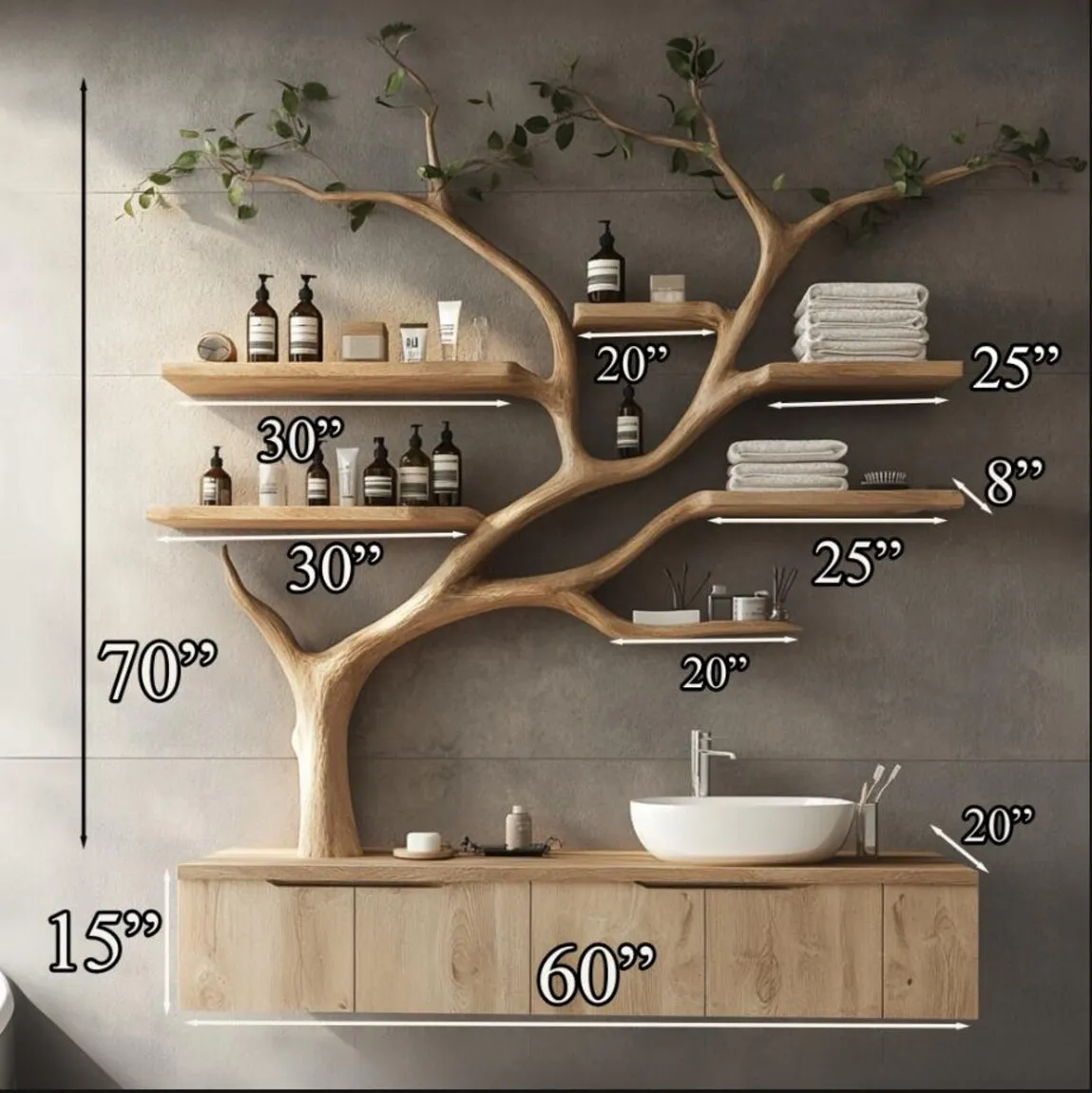 Tree branches rustic bathroom vanity with sink floating shelves solid wood cabinet art home decor - Image 5