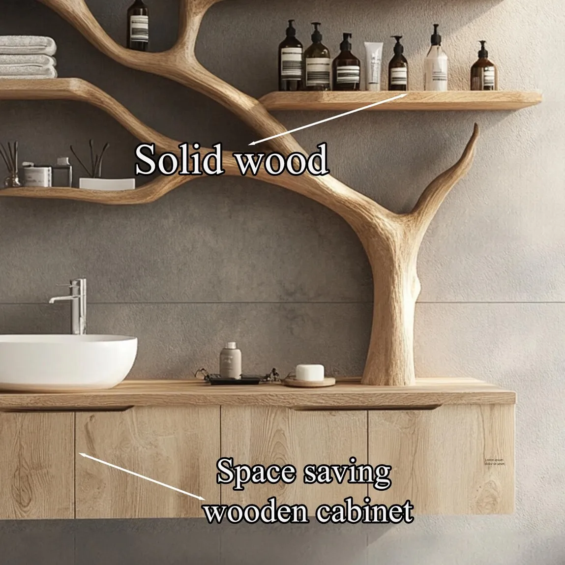 Tree branches rustic bathroom vanity with sink floating shelves solid wood cabinet art home decor - Image 6