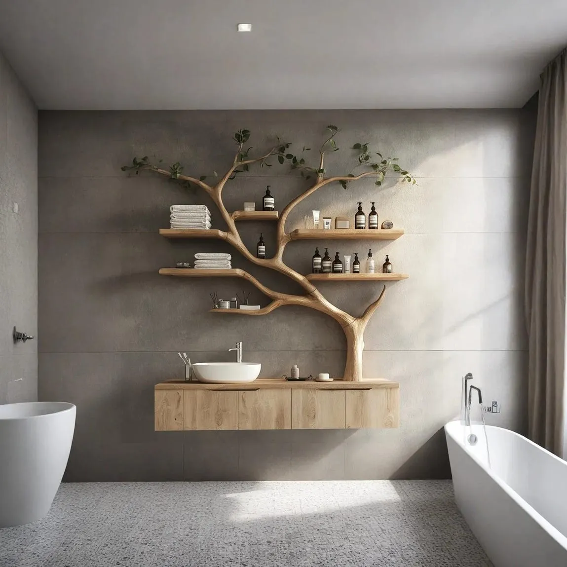 Tree branches rustic bathroom vanity with sink floating shelves solid wood cabinet art home decor - Image 8