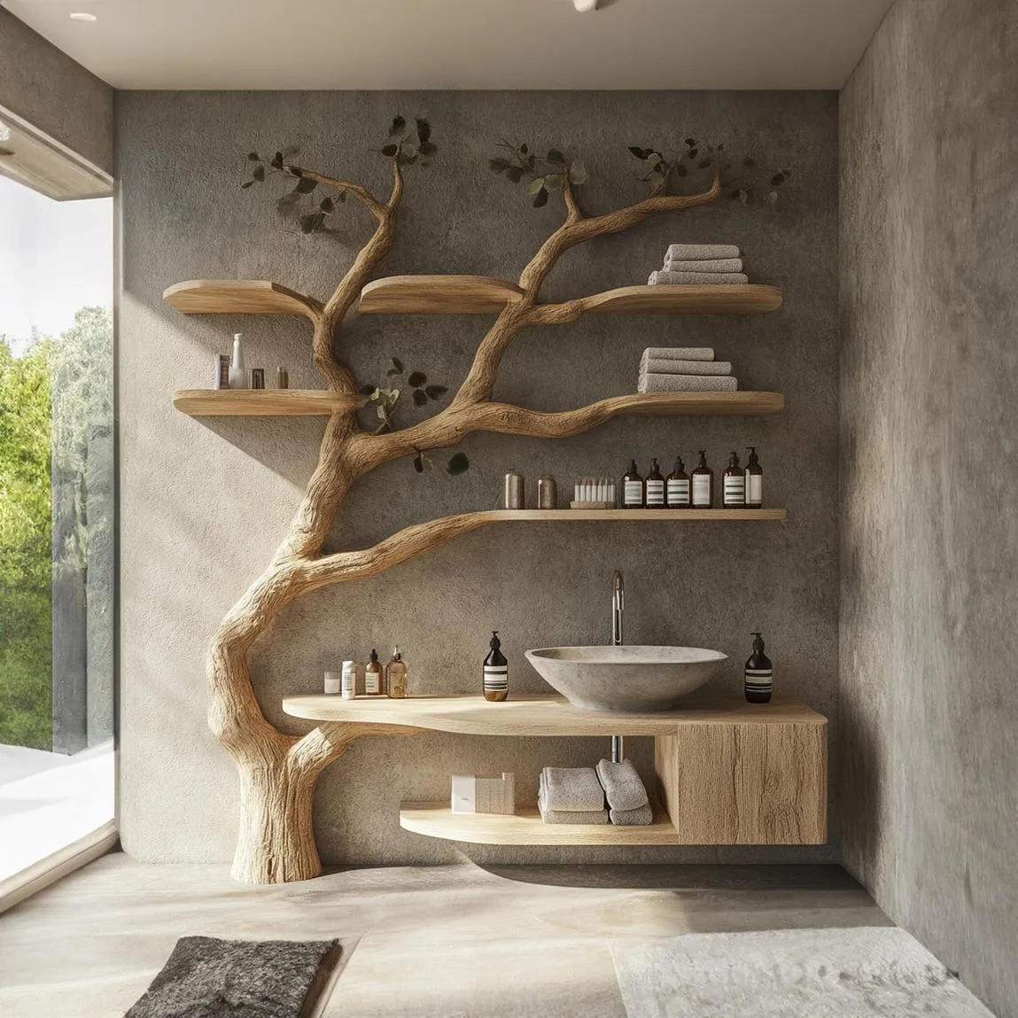 Rustic solid wood vanity handmade with mini sink, floating shelves tree branches, bathroom decor art gift her