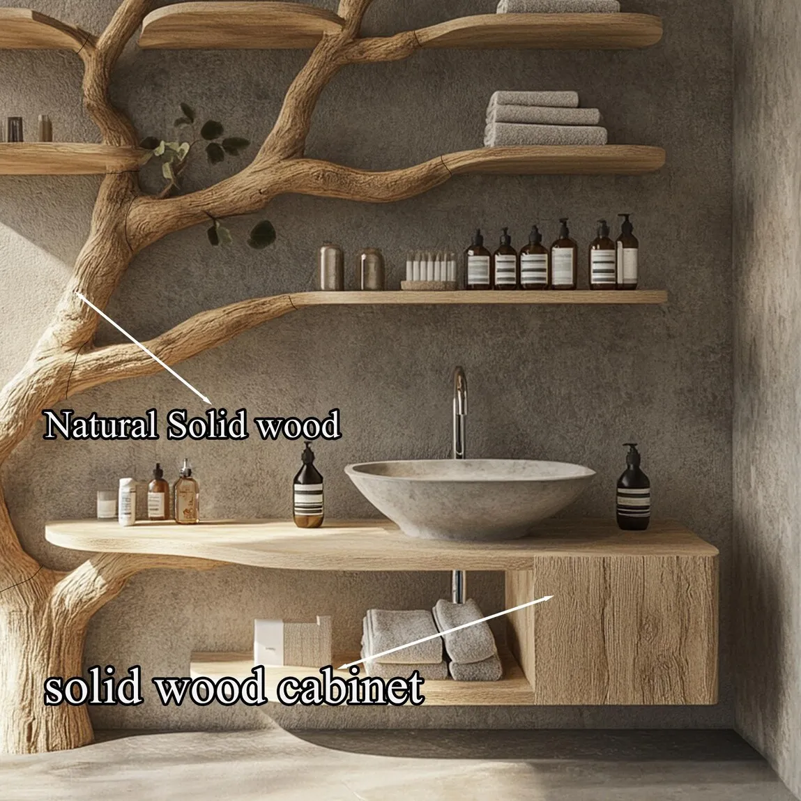 Rustic solid wood vanity handmade with mini sink, floating shelves tree branches, bathroom decor art gift her - Image 3